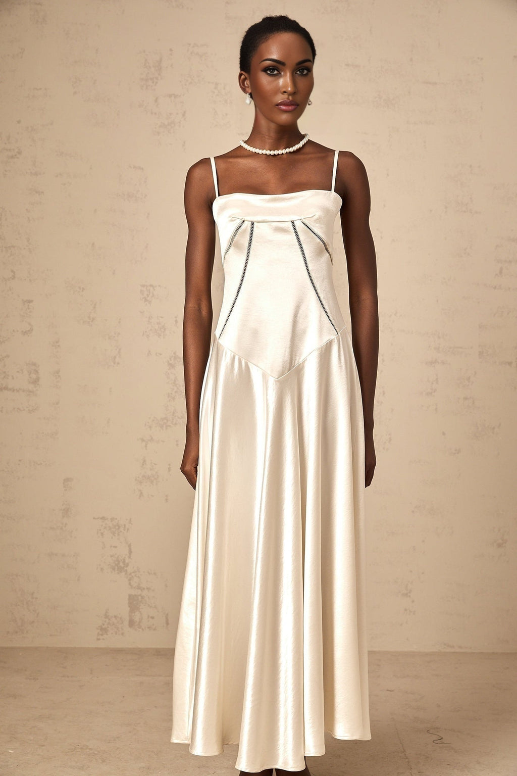 Heaven Maxi Dress - Satin Finish - Corset Style - Hollow Detailing - Flared Skirt - Lace - Up Fastening