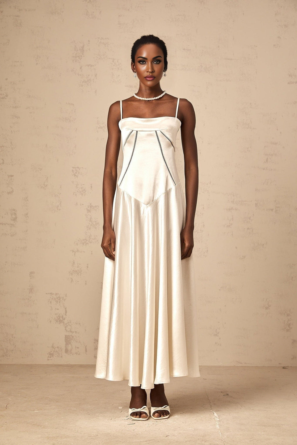 Heaven Maxi Dress - Satin Finish - Corset Style - Hollow Detailing - Flared Skirt - Lace - Up Fastening