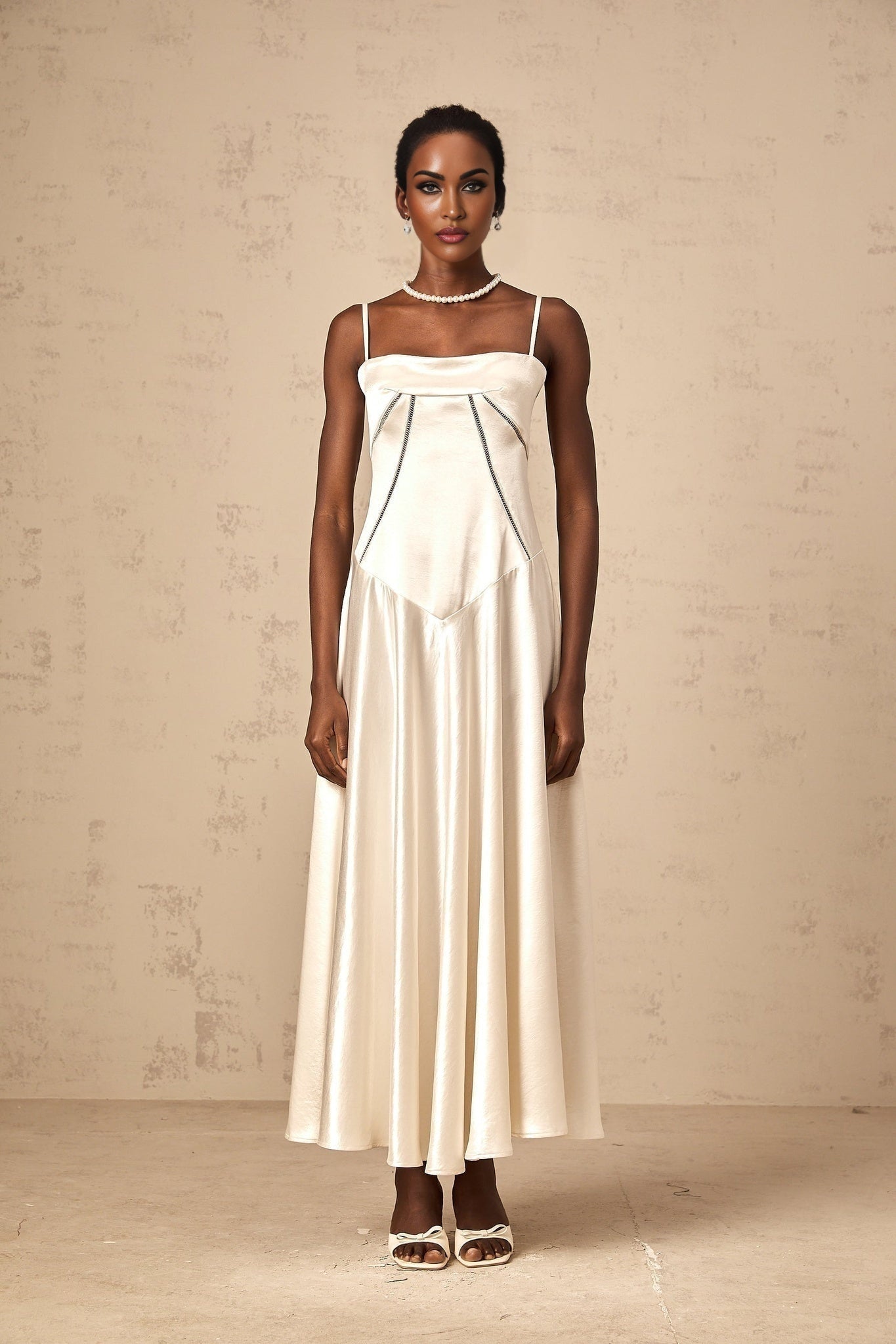 Heaven Maxi Dress - Satin Finish - Corset Style - Hollow Detailing - Flared Skirt - Lace - Up Fastening