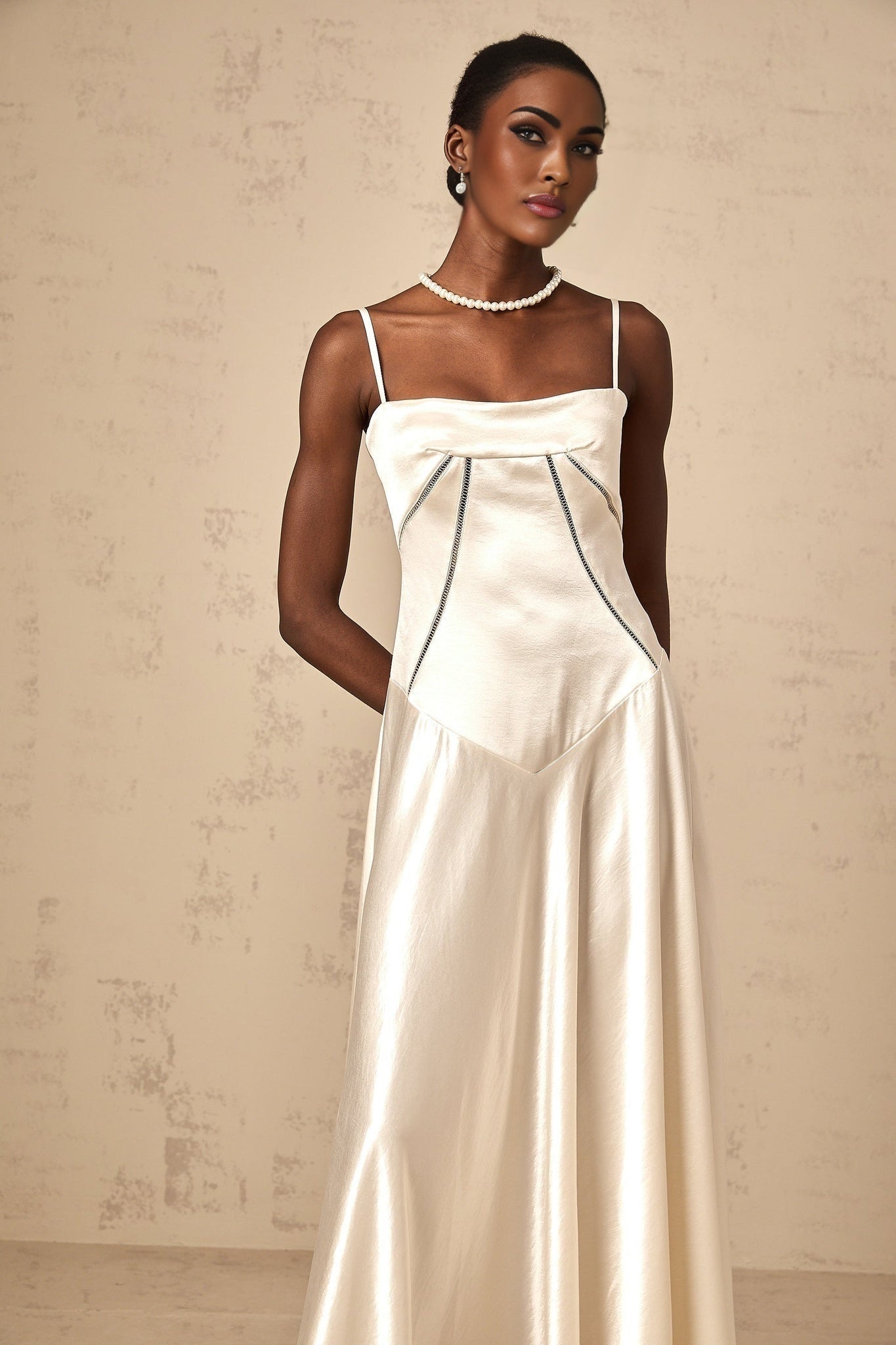Heaven Maxi Dress - Satin Finish - Corset Style - Hollow Detailing - Flared Skirt - Lace - Up Fastening