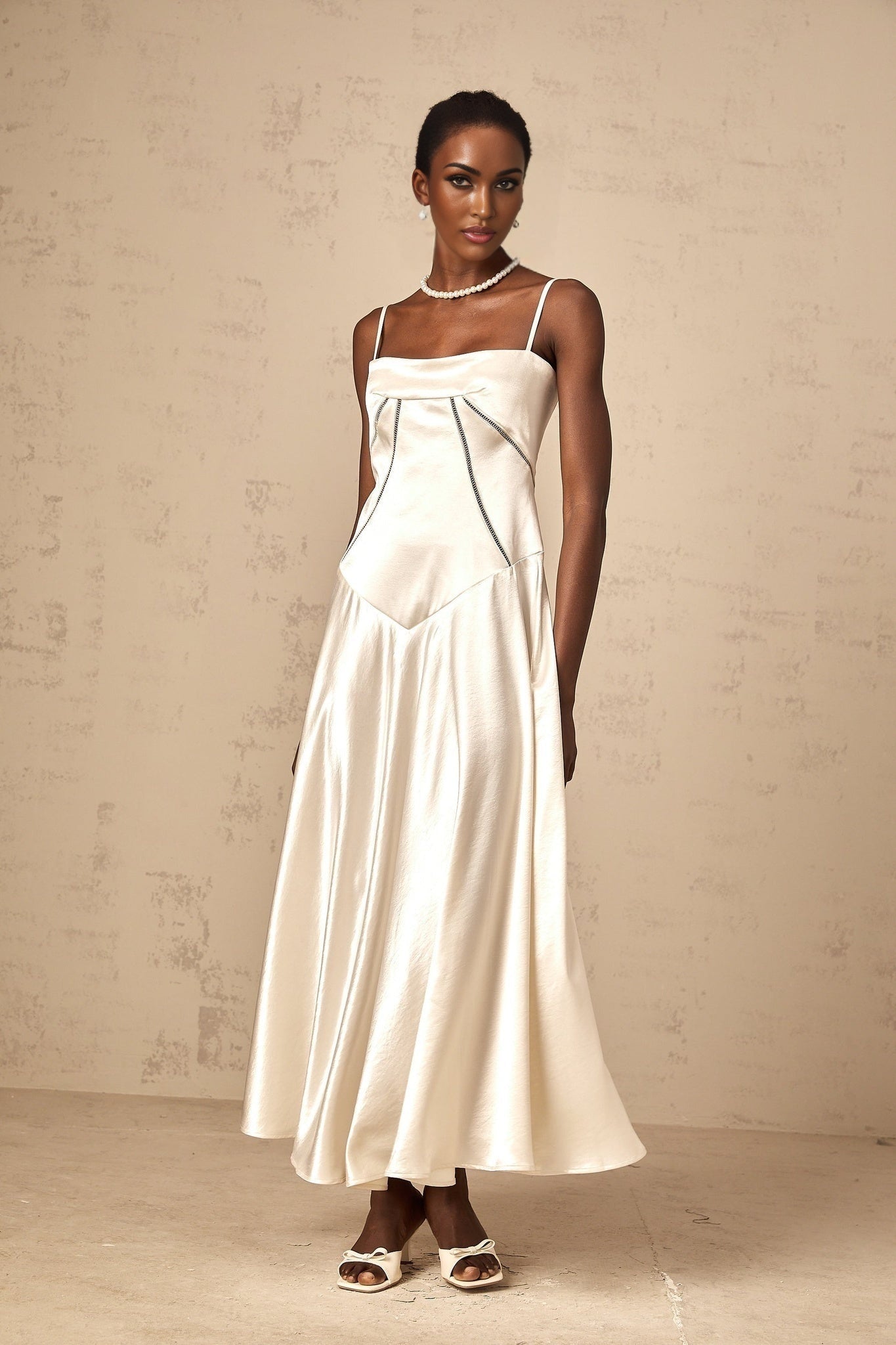 Heaven Maxi Dress - Satin Finish - Corset Style - Hollow Detailing - Flared Skirt - Lace - Up Fastening