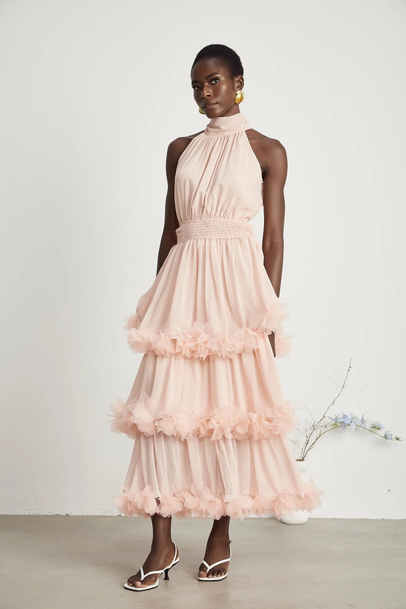 Heaven Midi Dress - High Neck - Sleeveless - Pleated & Tiered Design - Smocked Waistband - 3D Petal Detailing