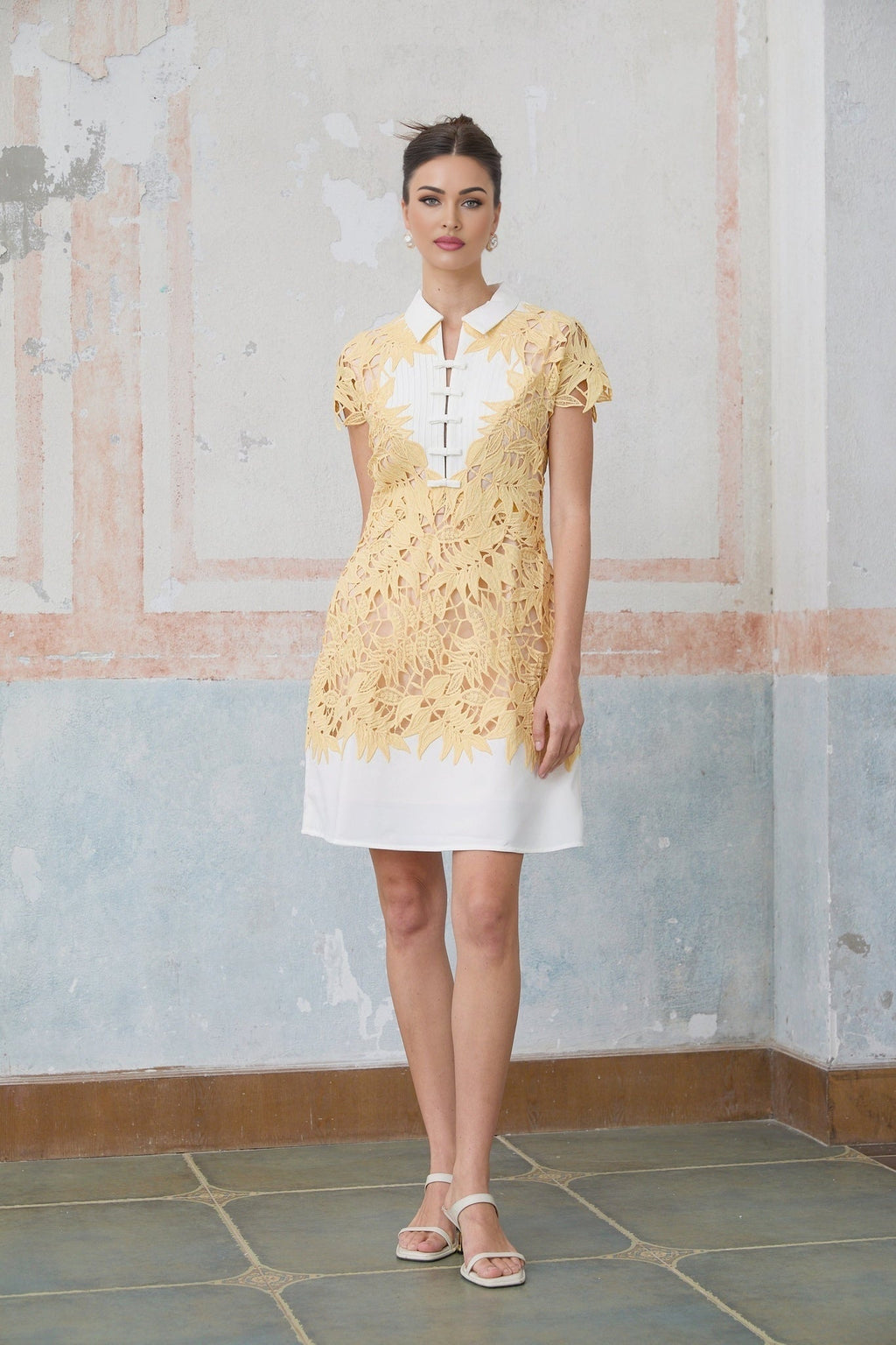 Heaven Mini Dress - Classic Collar Design - Crochet Detailing - Leaf Appliqu - Bowknot Embellishment