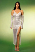 Heaven Silver Sequin Maxi Dress with Diamond Slit