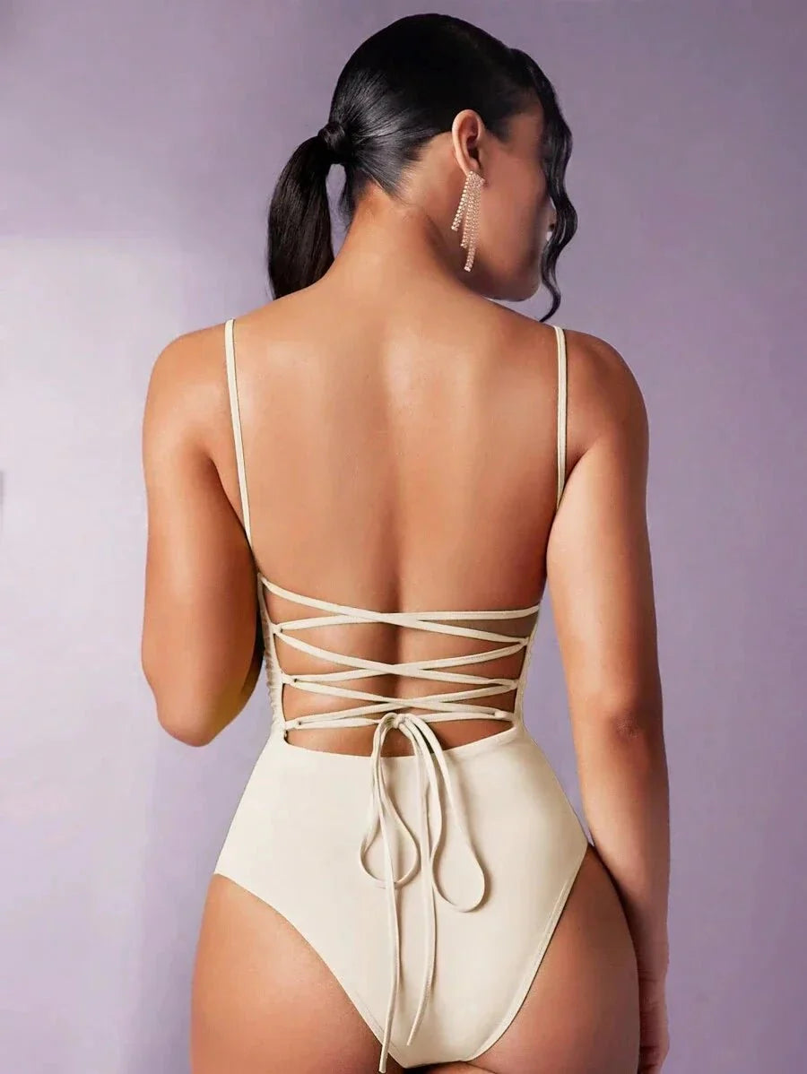 Helena Bodysuit - High Stretch Knitted Fabric - Sleeveless - Natural Waist - Style: Spaghetti Straps - Details: Backless, Knot, Ruched