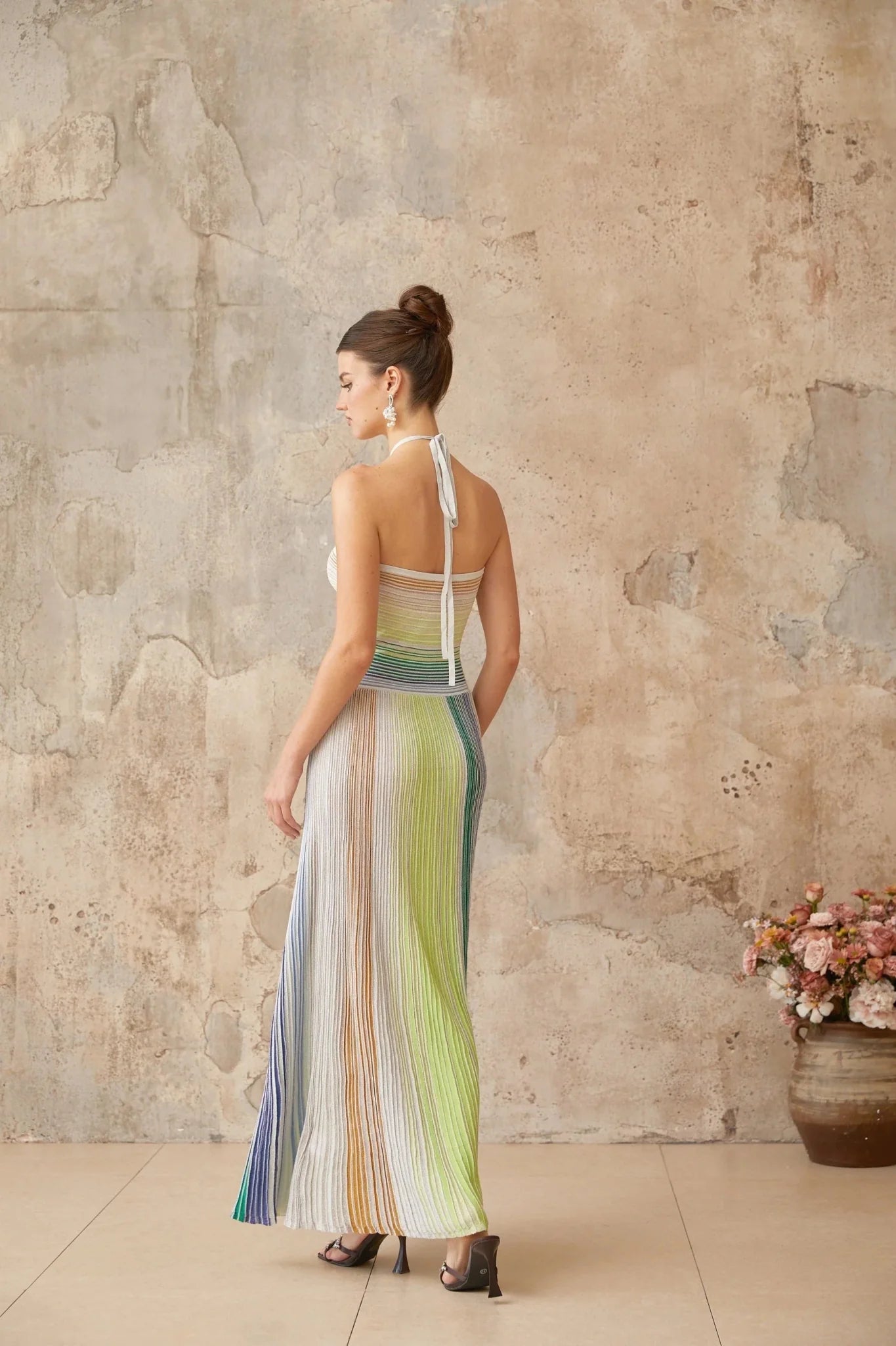 Helena Maxi Dress Green & Multicolor Striped Glitter Halter - neck Tie - Back