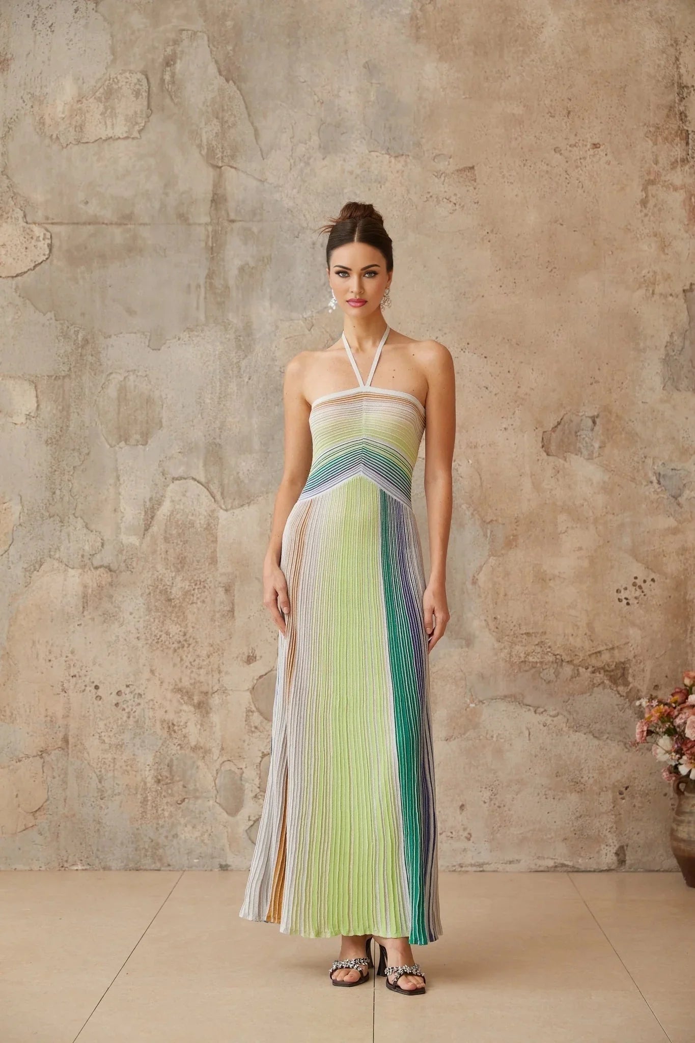 Helena Maxi Dress Green & Multicolor Striped Glitter Halter - neck Tie - Back