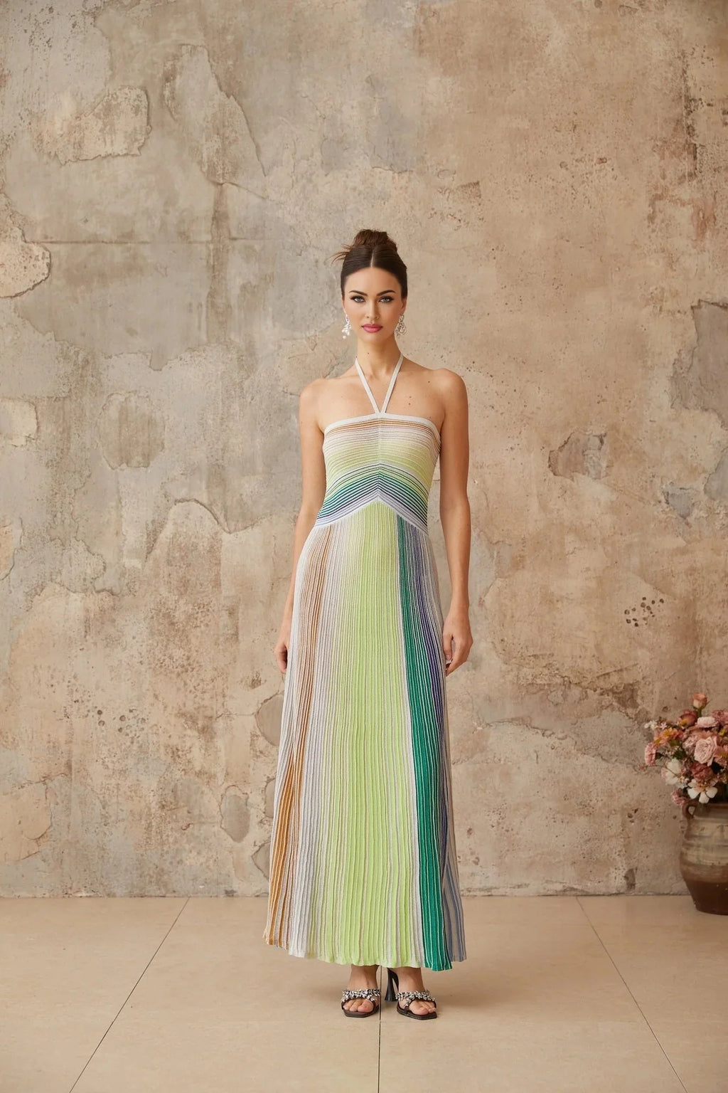 Helena Maxi Dress Green & Multicolor Striped Glitter Halter - neck Tie - Back