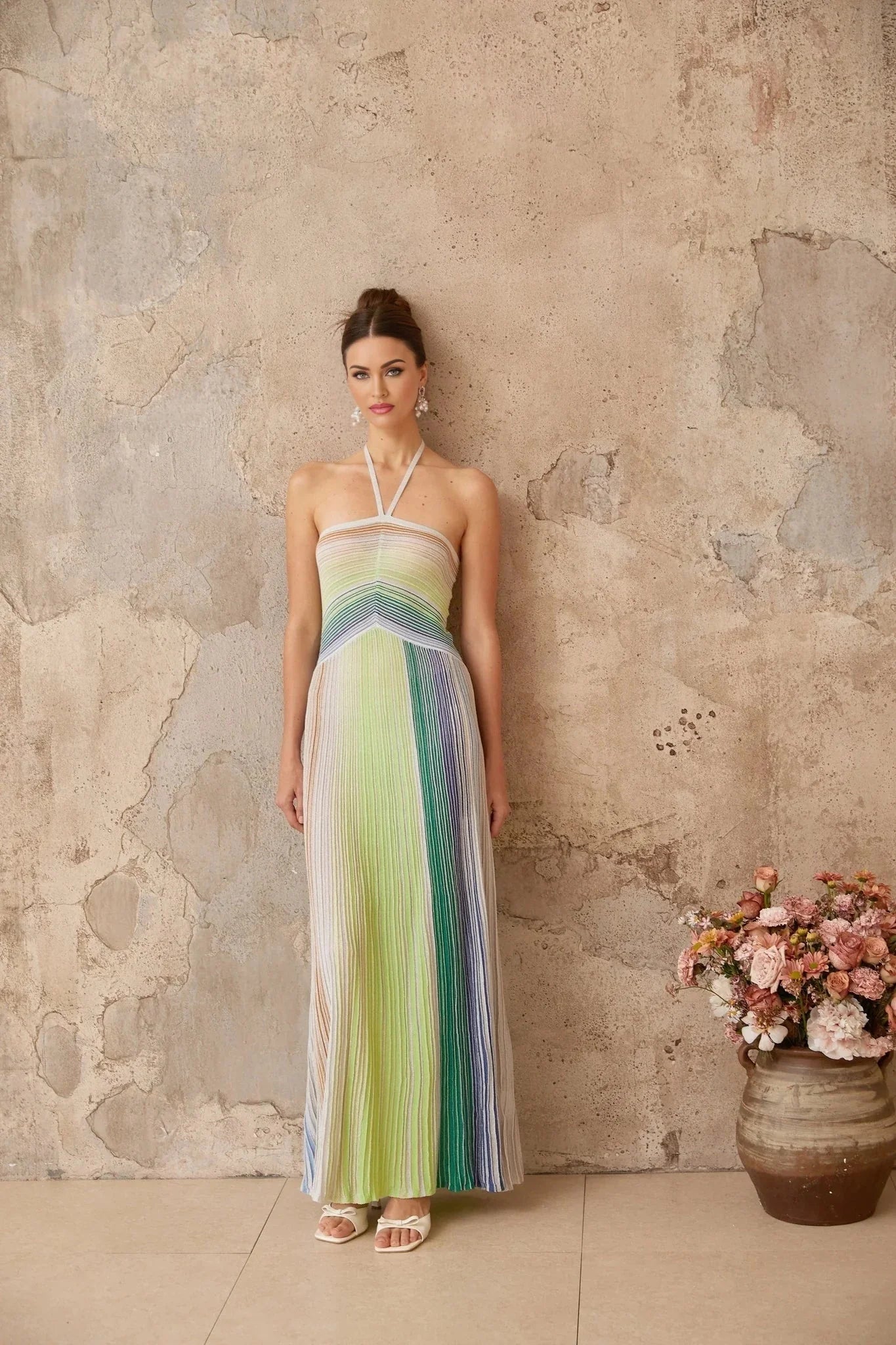 Helena Maxi Dress Green & Multicolor Striped Glitter Halter - neck Tie - Back