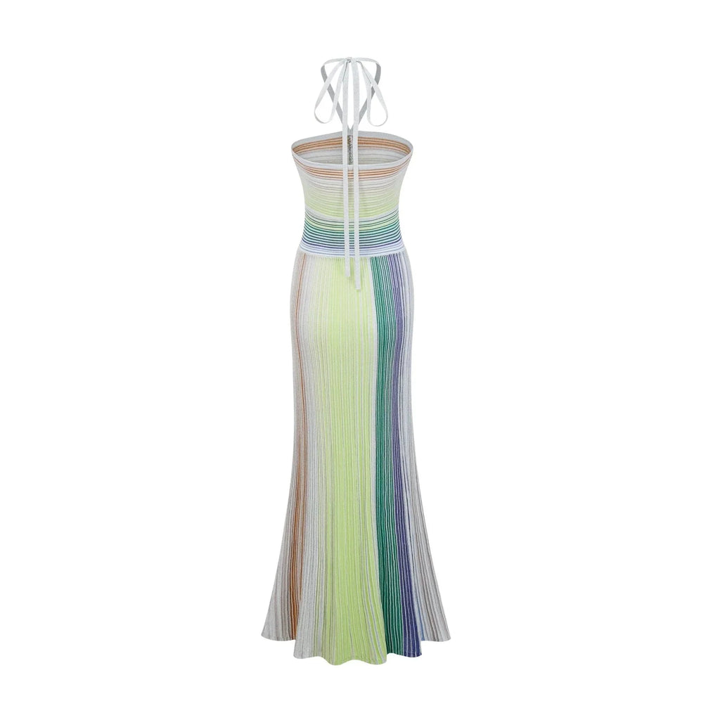 Helena Maxi Dress Green & Multicolor Striped Glitter Halter - neck Tie - Back