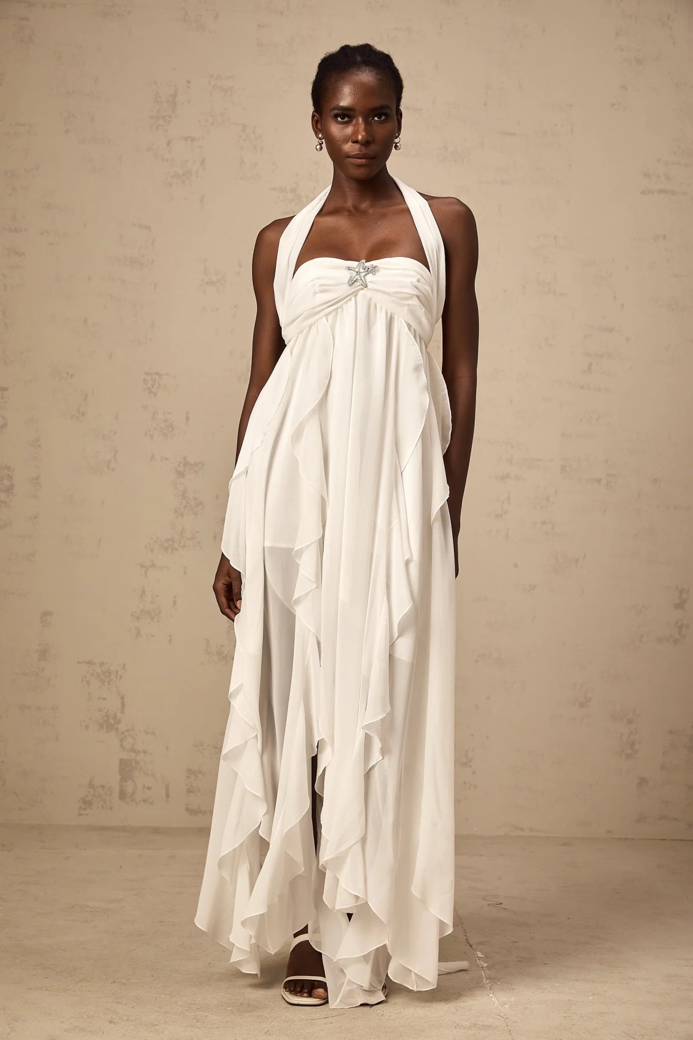 Helena Maxi Dress - Long Lace Design - Halter Neck - Backless Style - Diamond Embellishments