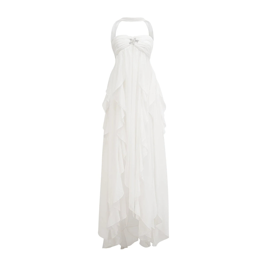 Helena Maxi Dress - Long Lace Design - Halter Neck - Backless Style - Diamond Embellishments