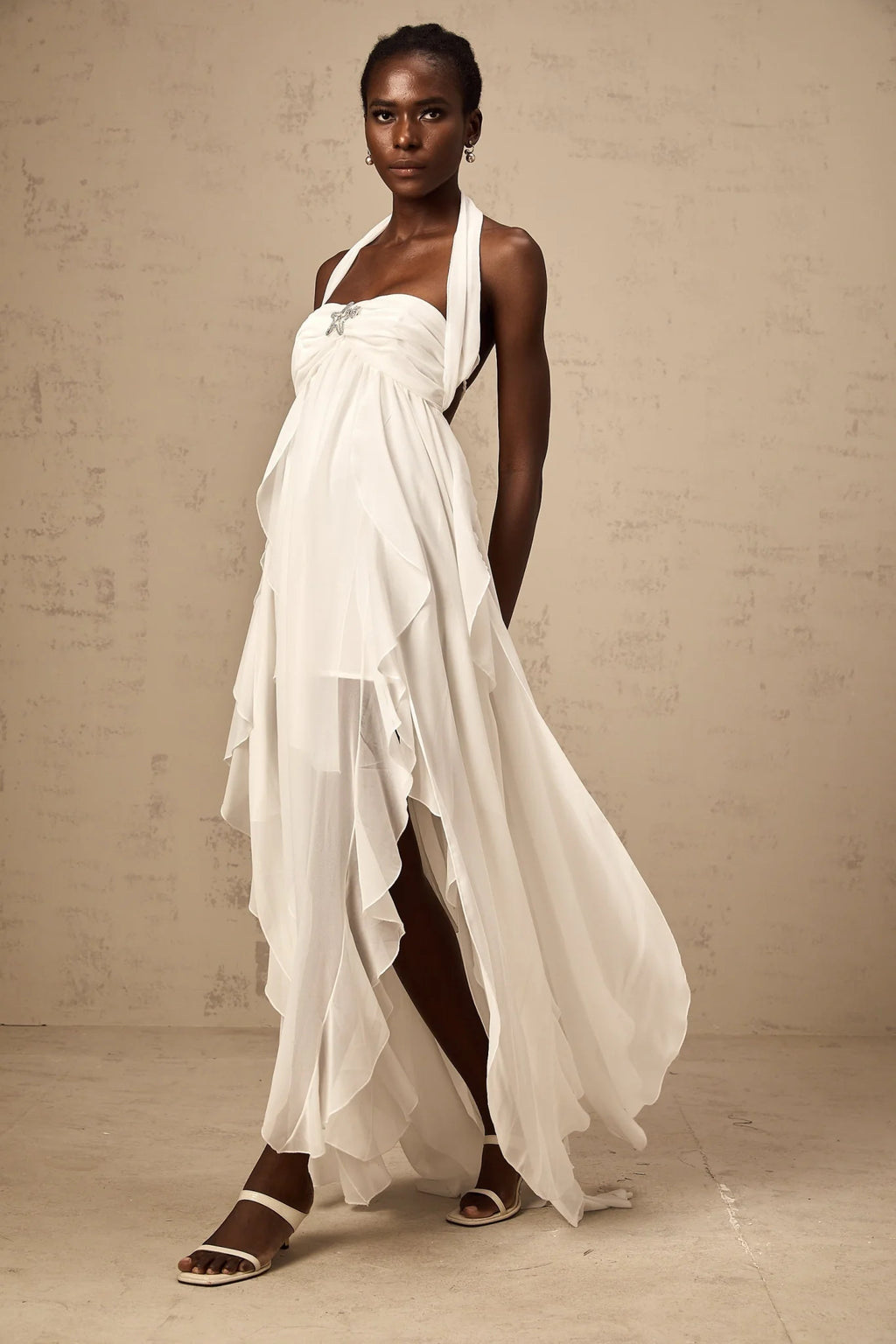 Helena Maxi Dress - Long Lace Design - Halter Neck - Backless Style - Diamond Embellishments