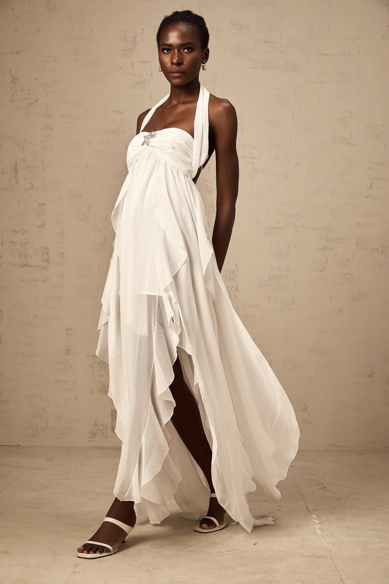 Helena Maxi Dress - Long Lace Design - Halter Neck - Backless Style - Diamond Embellishments
