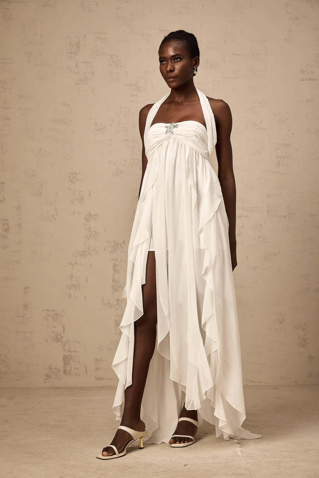 Helena Maxi Dress - Long Lace Design - Halter Neck - Backless Style - Diamond Embellishments
