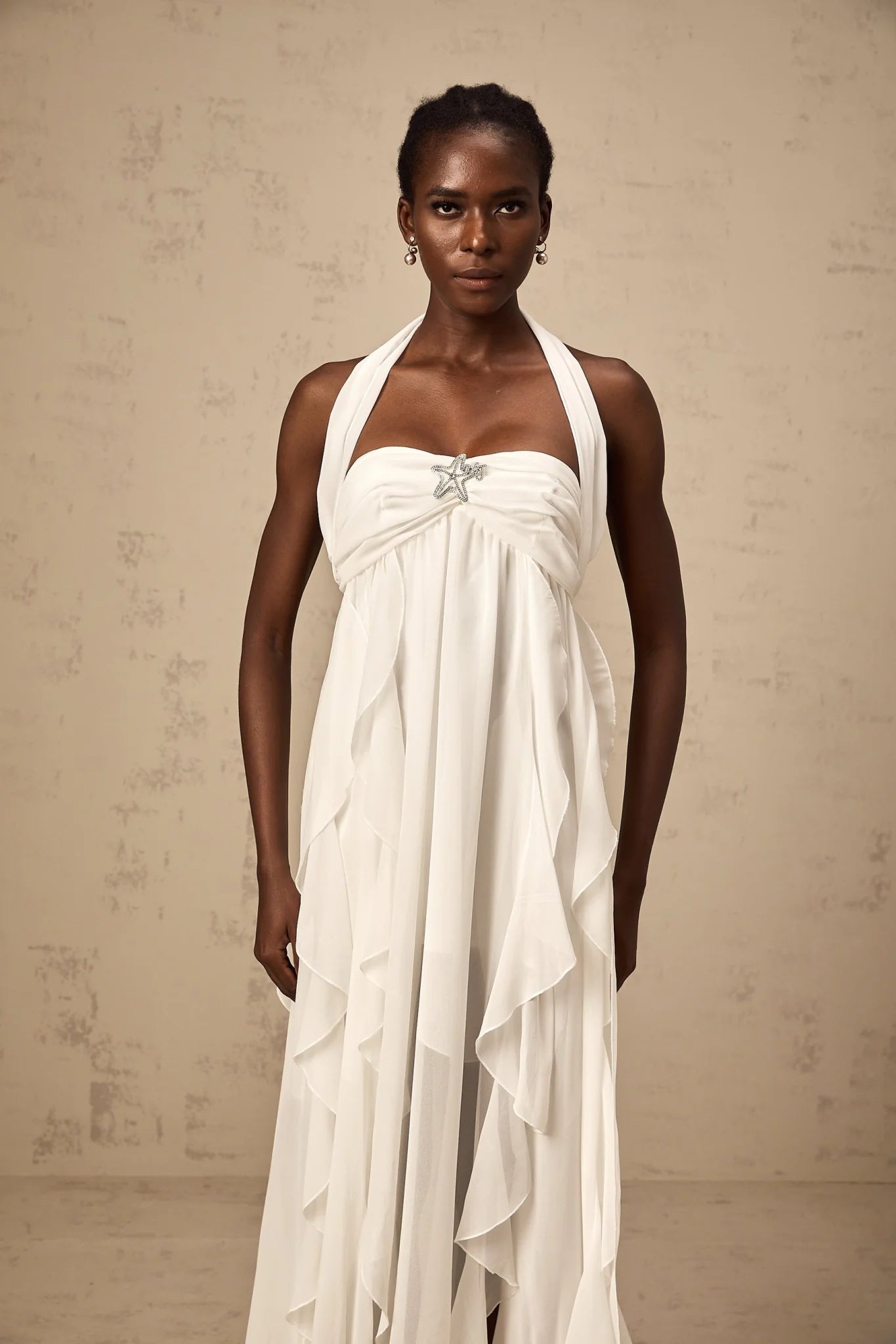 Helena Maxi Dress - Long Lace Design - Halter Neck - Backless Style - Diamond Embellishments