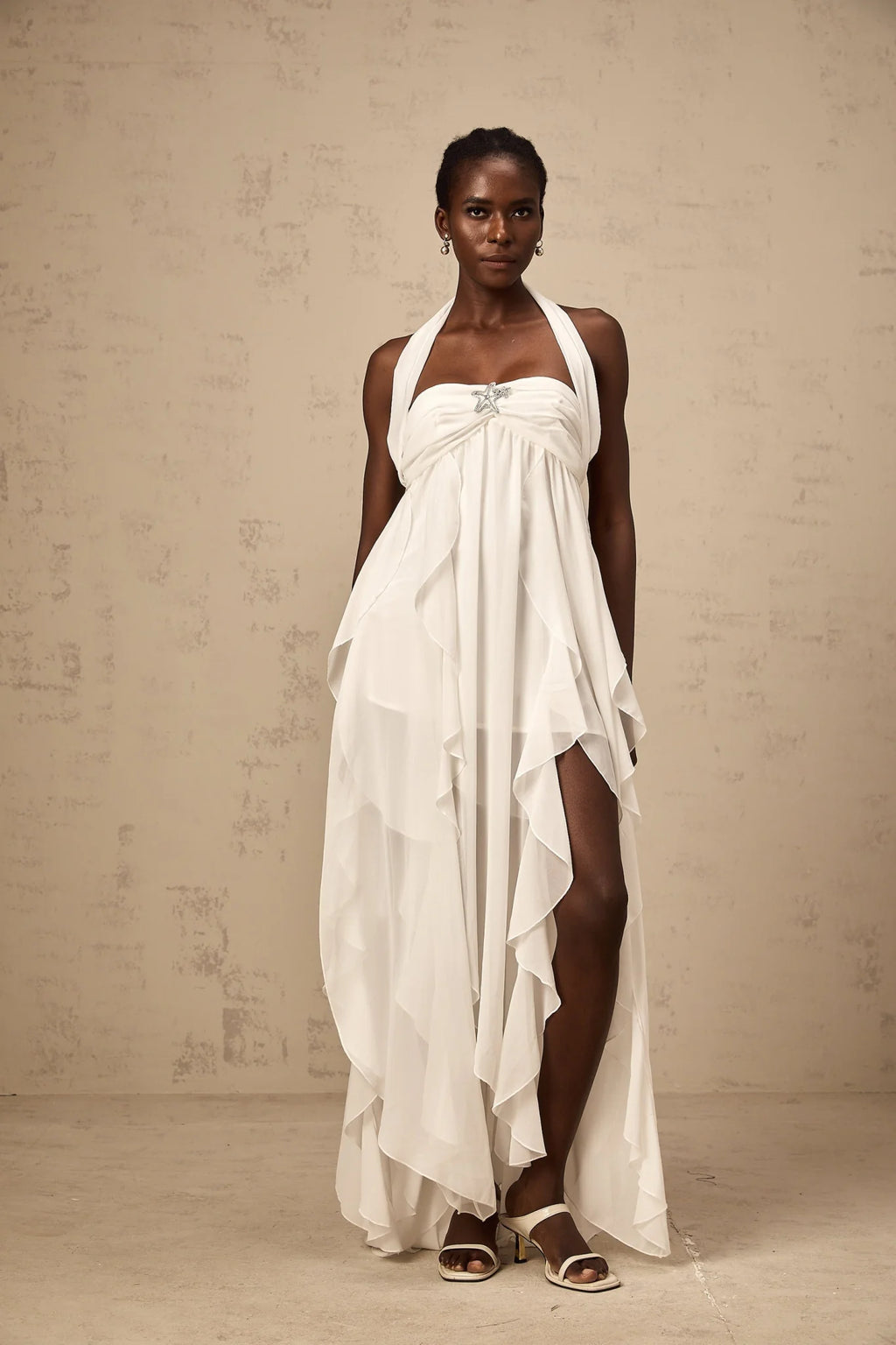 Helena Maxi Dress - Long Lace Design - Halter Neck - Backless Style - Diamond Embellishments
