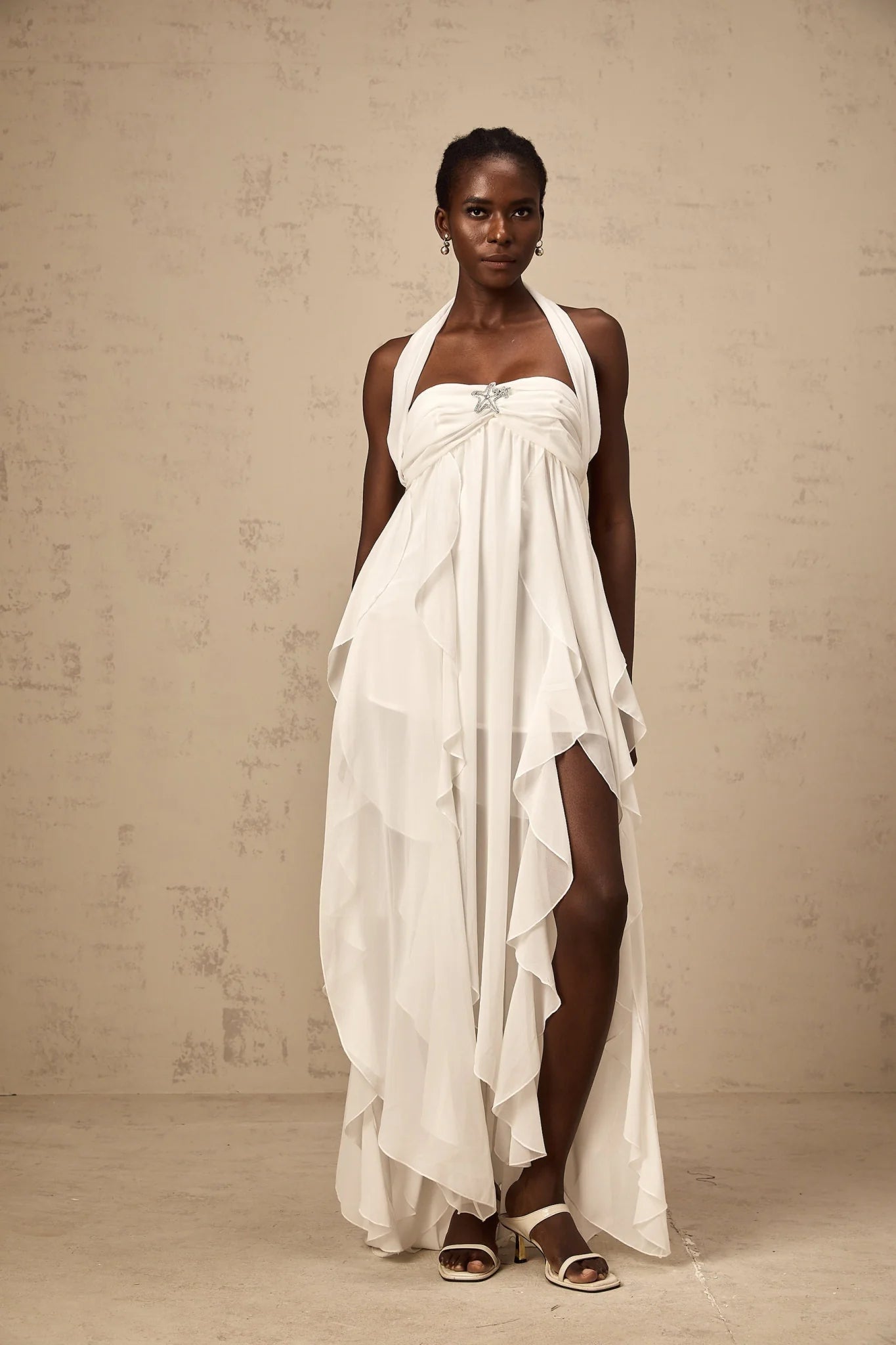 Helena Maxi Dress - Long Lace Design - Halter Neck - Backless Style - Diamond Embellishments