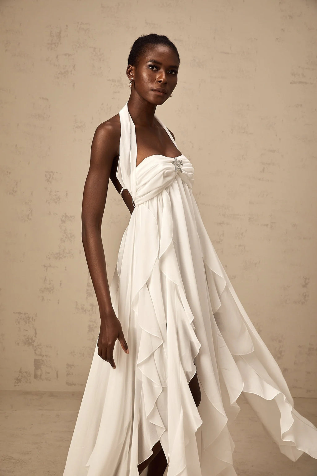 Helena Maxi Dress - Long Lace Design - Halter Neck - Backless Style - Diamond Embellishments