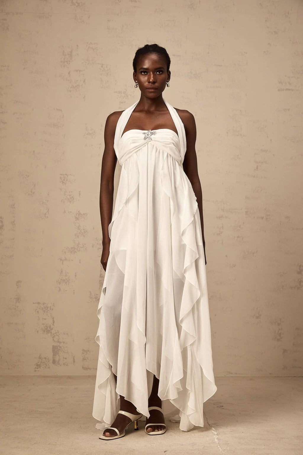 Helena Maxi Dress - Long Lace Design - Halter Neck - Backless Style - Diamond Embellishments