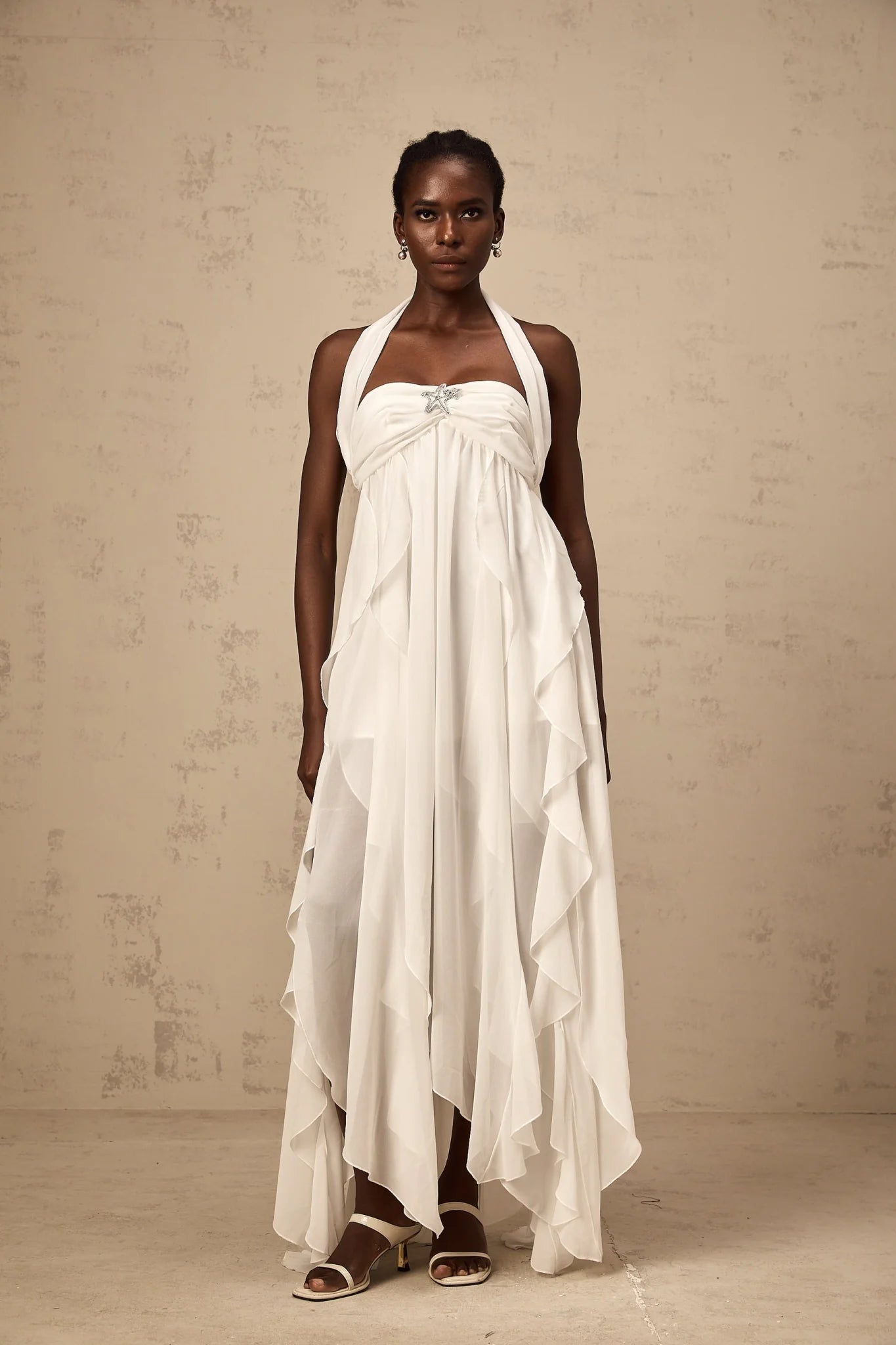 Helena Maxi Dress - Long Lace Design - Halter Neck - Backless Style - Diamond Embellishments