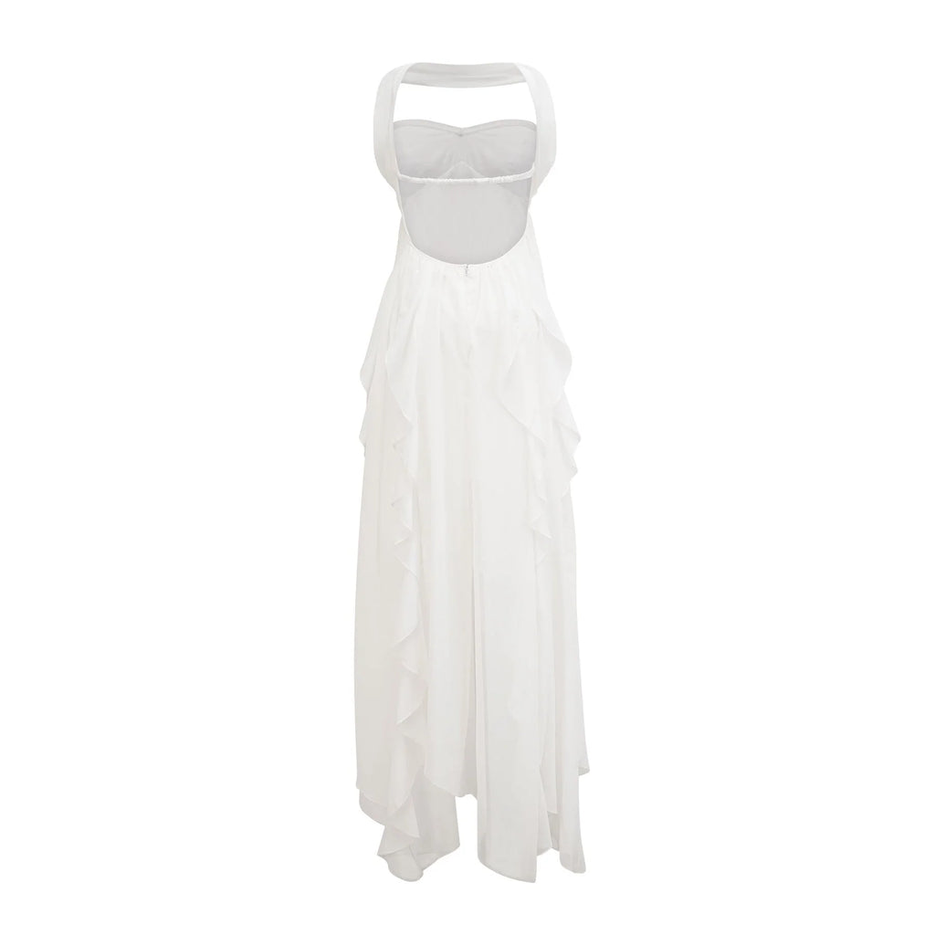 Helena Maxi Dress - Long Lace Design - Halter Neck - Backless Style - Diamond Embellishments