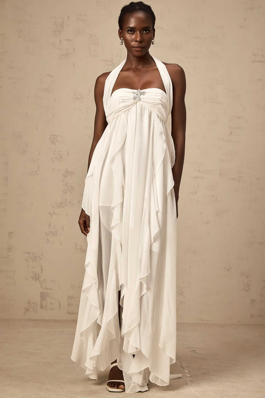 Helena Maxi Dress - Long Lace Design - Halter Neck - Backless Style - Diamond Embellishments