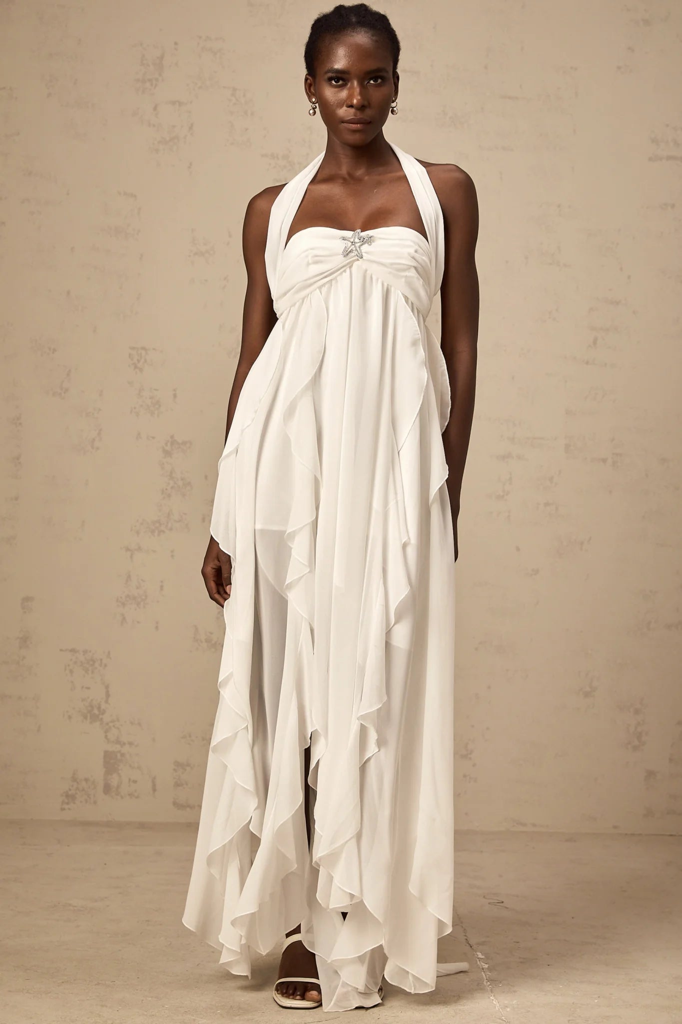 Helena Maxi Dress - Long Lace Design - Halter Neck - Backless Style - Diamond Embellishments