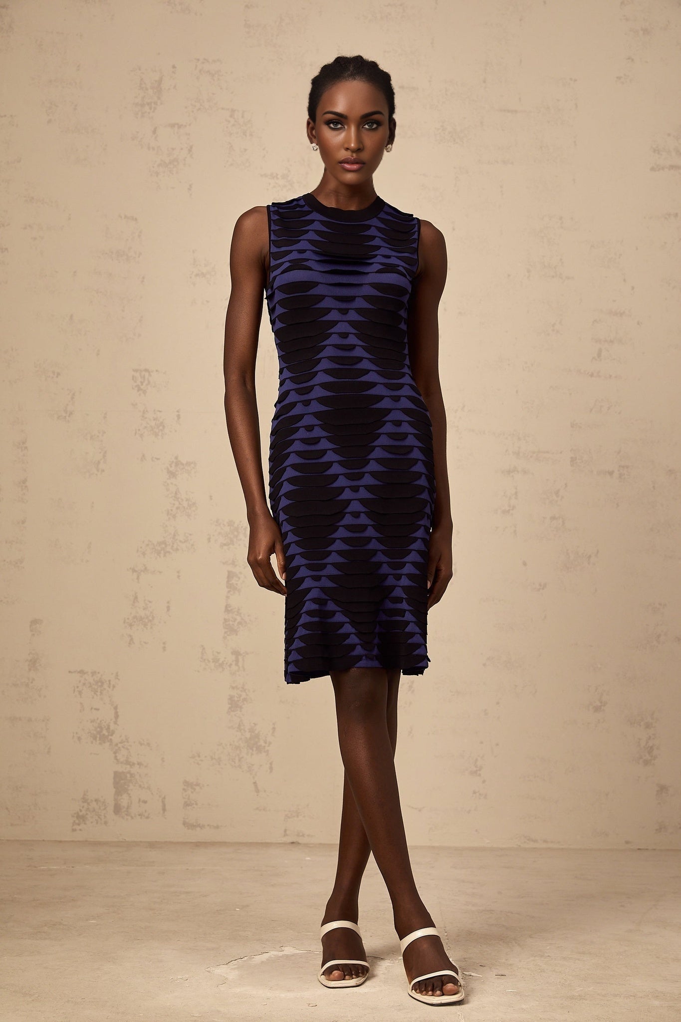 Helena Mini Dress - Stretch Knit - Sleeveless - 3D Snake Pattern - Flared Hem - Godet Design