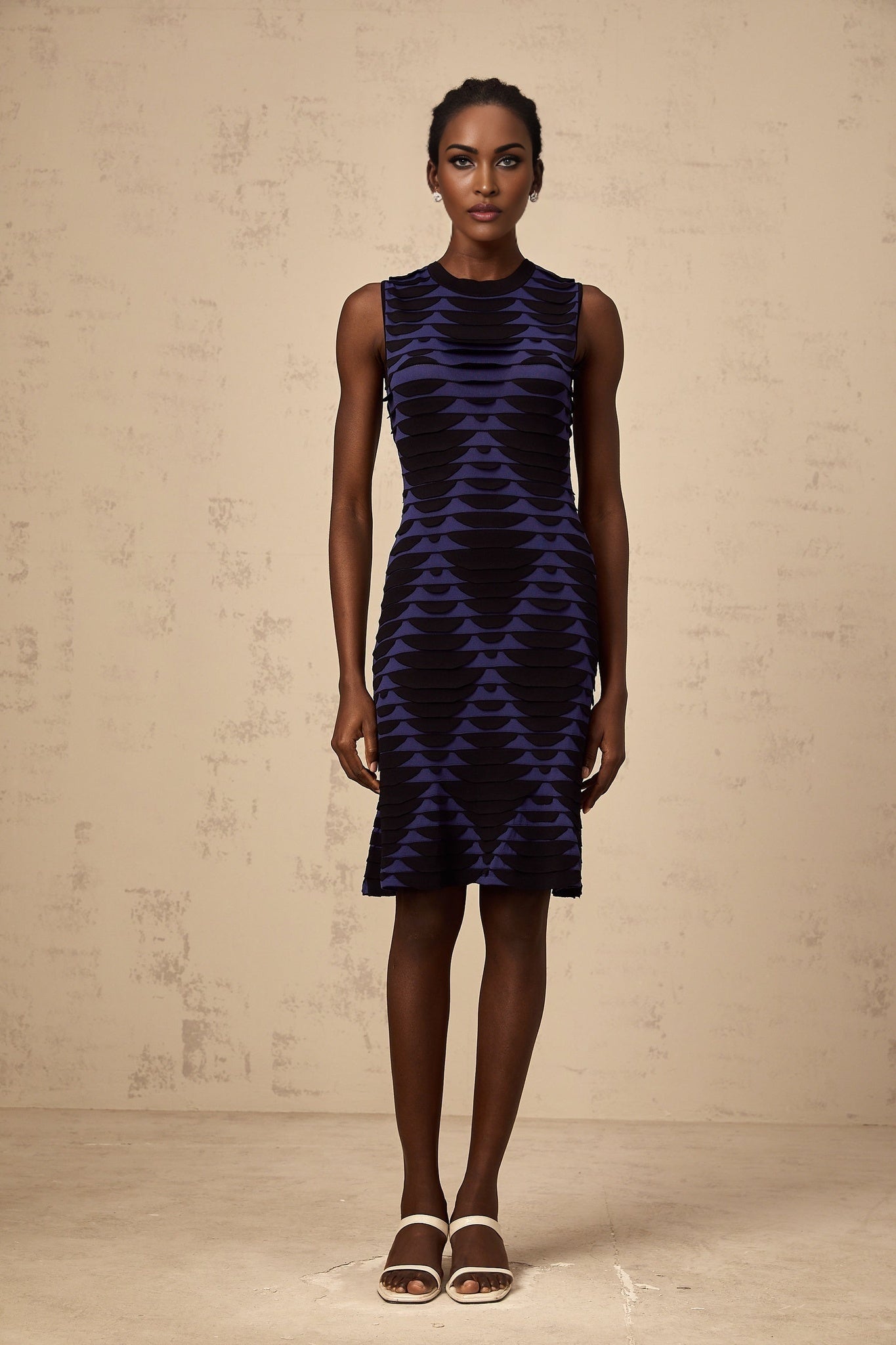 Helena Mini Dress - Stretch Knit - Sleeveless - 3D Snake Pattern - Flared Hem - Godet Design