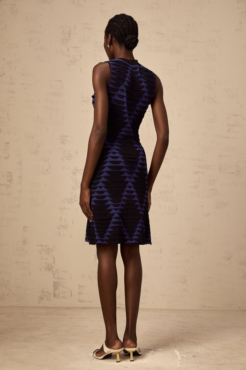 Helena Mini Dress - Stretch Knit - Sleeveless - 3D Snake Pattern - Flared Hem - Godet Design