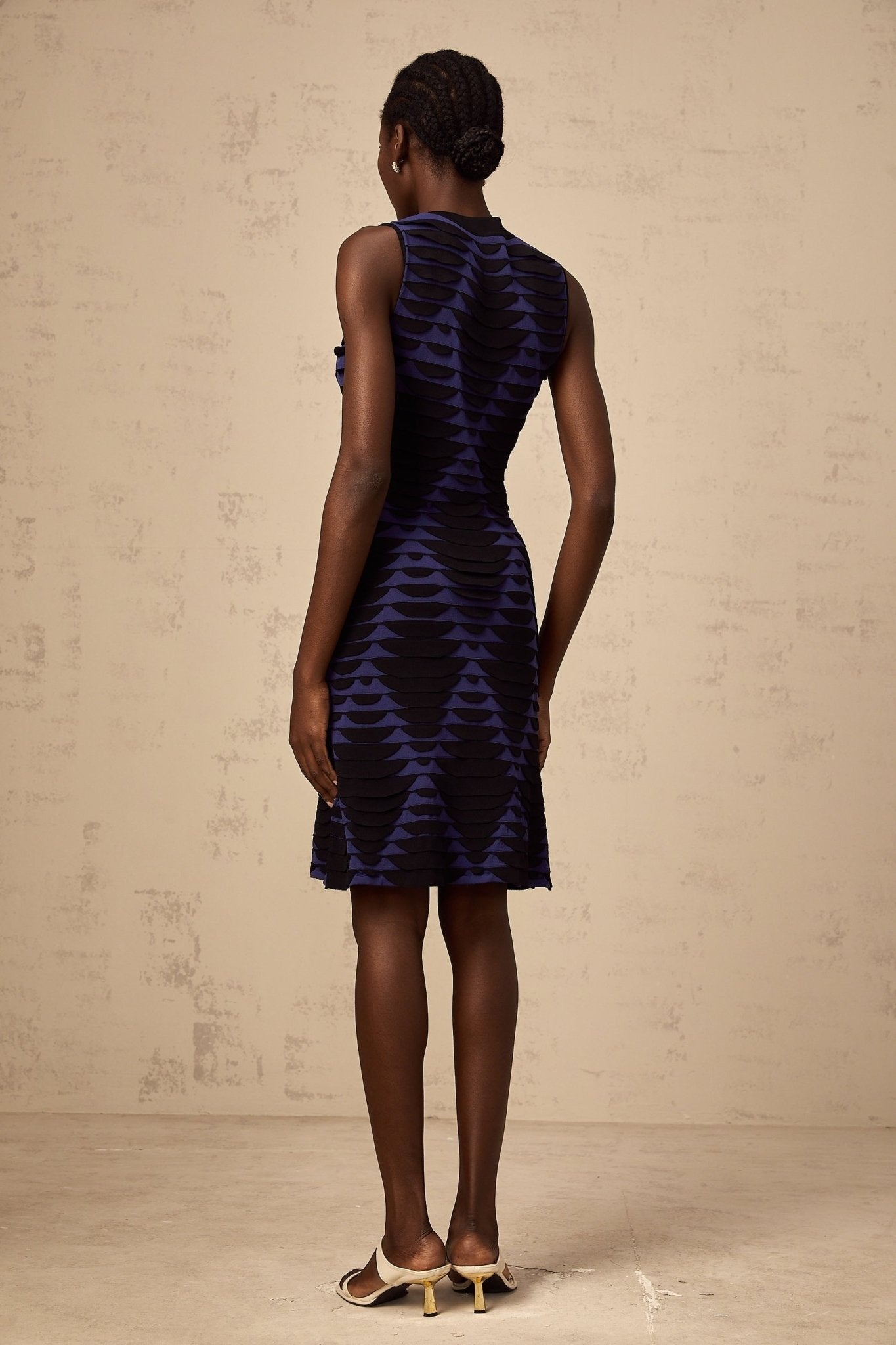 Helena Mini Dress - Stretch Knit - Sleeveless - 3D Snake Pattern - Flared Hem - Godet Design