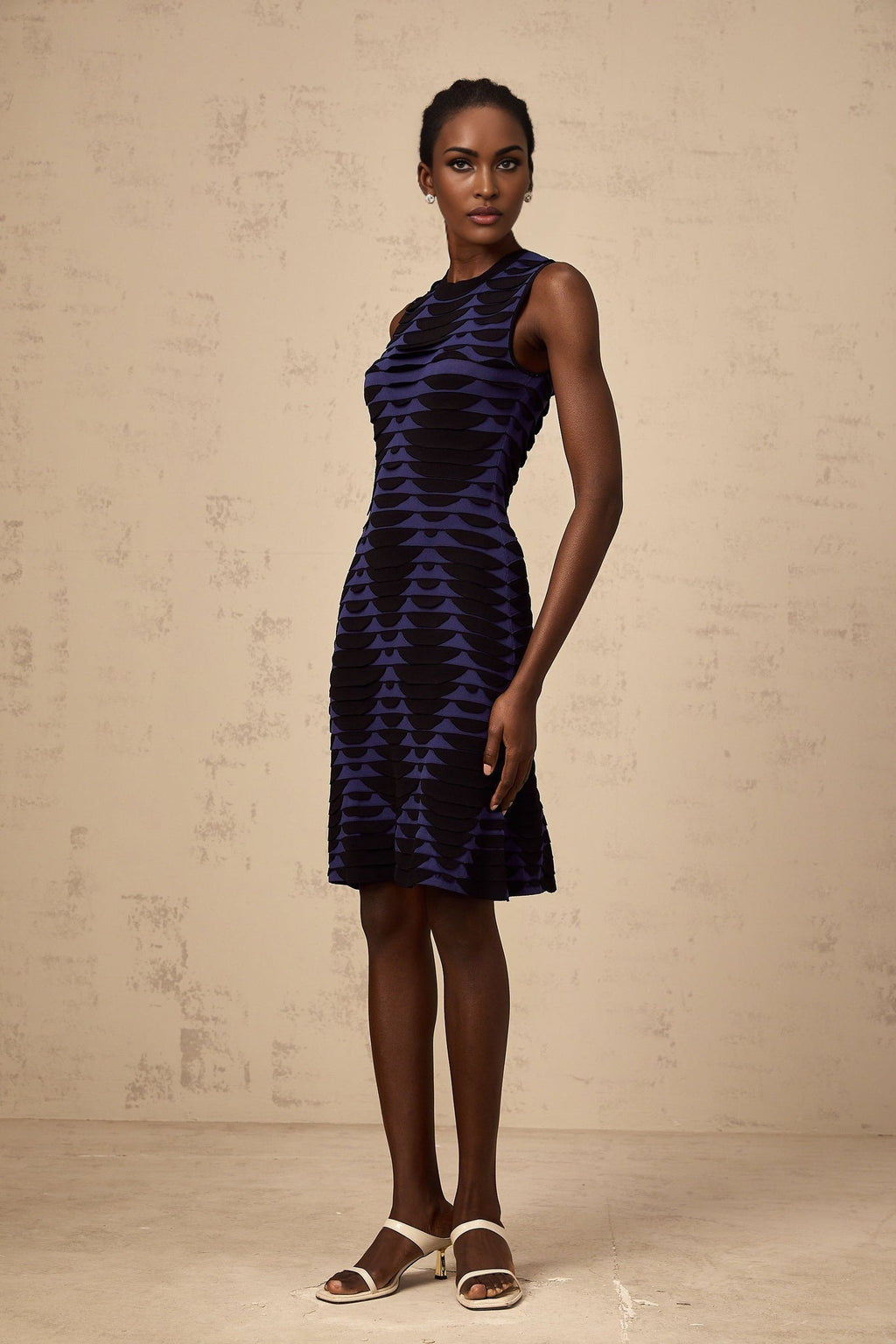 Helena Mini Dress - Stretch Knit - Sleeveless - 3D Snake Pattern - Flared Hem - Godet Design