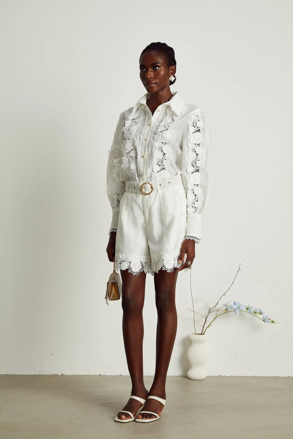 Helena Shirt & Shorts - Lapel Design - Floral Embroidery - Lace Trim Accents - Mini Length Design
