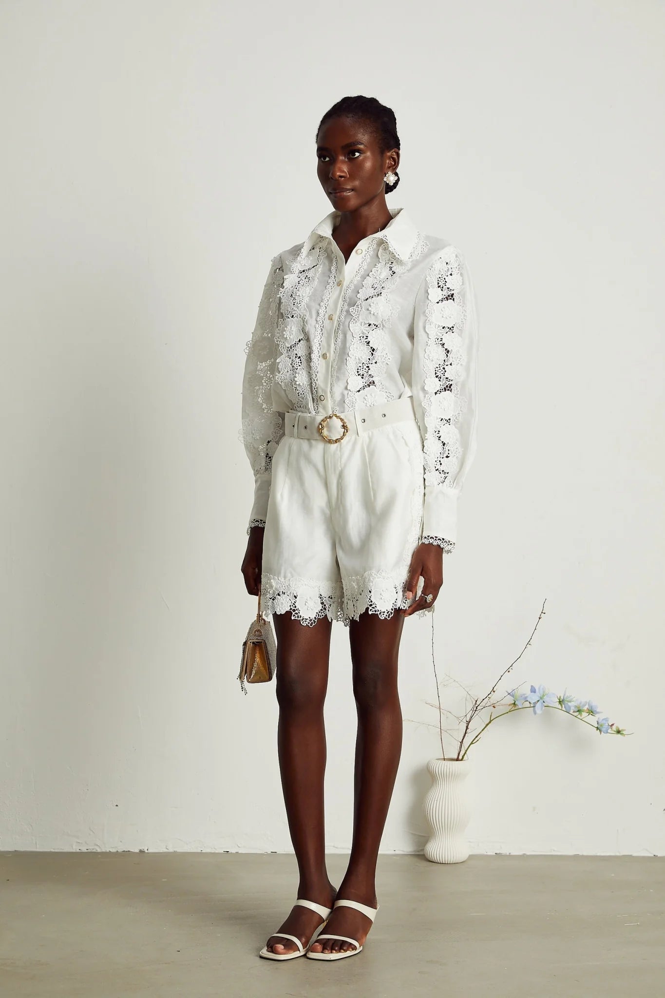 Helena Shirt & Shorts - Lapel Design - Floral Embroidery - Lace Trim Accents - Mini Length Design