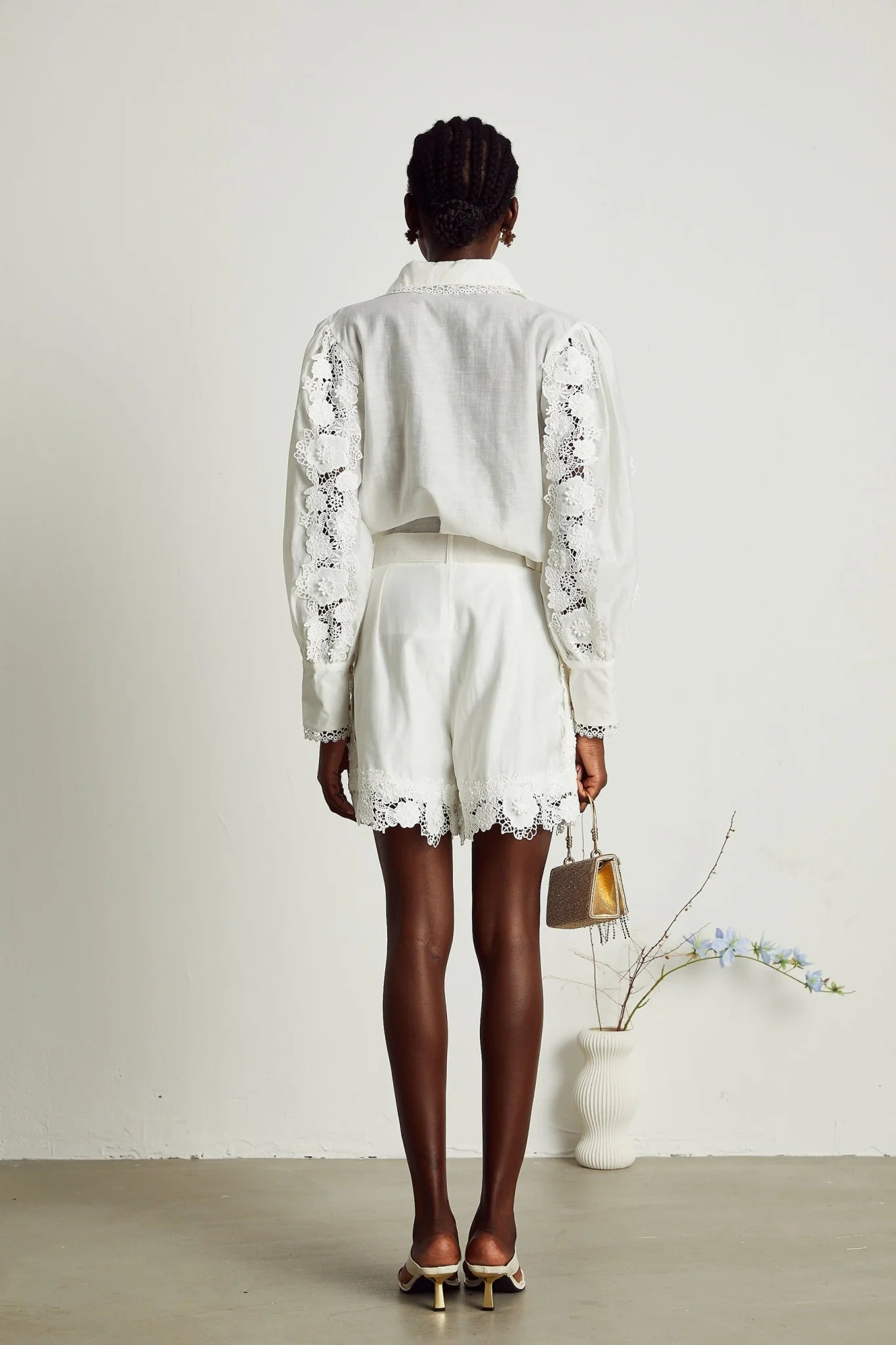 Helena Shirt & Shorts - Lapel Design - Floral Embroidery - Lace Trim Accents - Mini Length Design