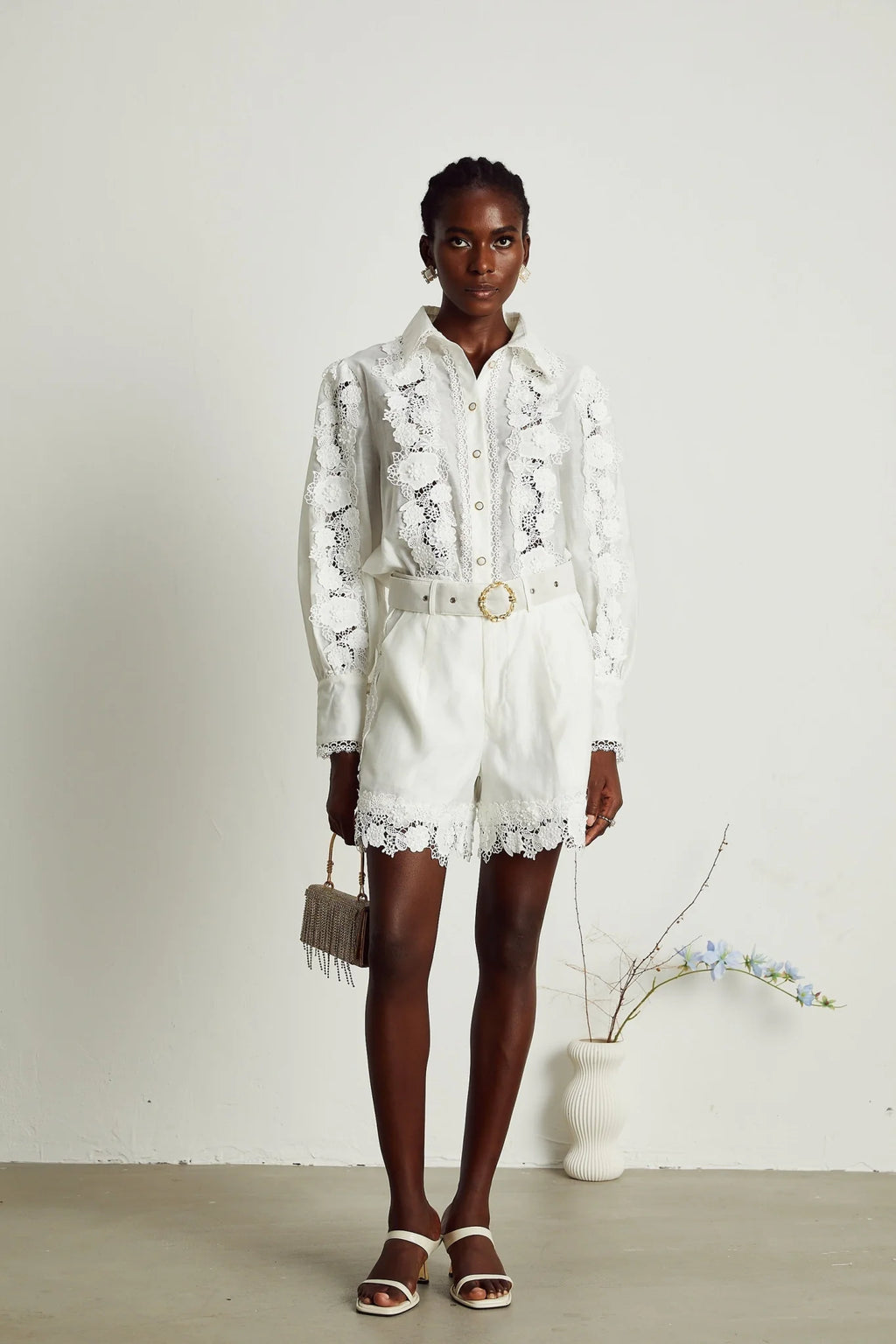 Helena Shirt & Shorts - Lapel Design - Floral Embroidery - Lace Trim Accents - Mini Length Design