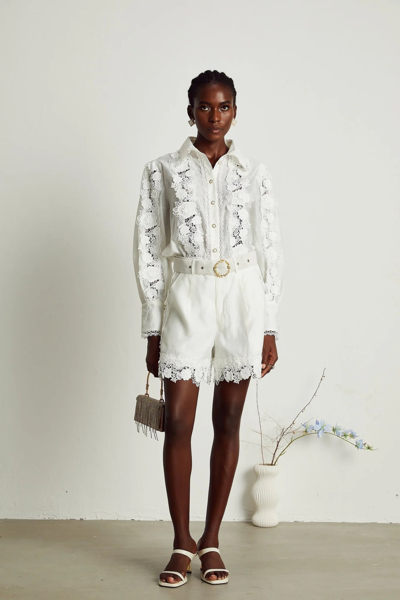Helena Shirt & Shorts - Lapel Design - Floral Embroidery - Lace Trim Accents - Mini Length Design