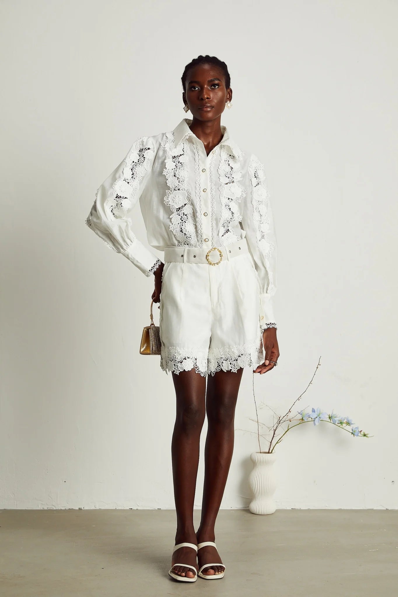 Helena Shirt & Shorts - Lapel Design - Floral Embroidery - Lace Trim Accents - Mini Length Design