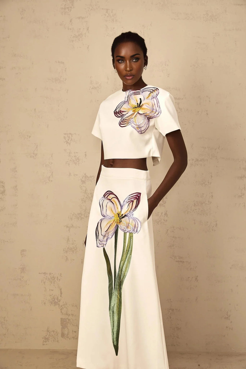 Helena Top & Skirt Set with Floral Appliqué in White