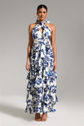 Helena White Floral Maxi Dress Halterneck Layered Silhouette Knot Detail