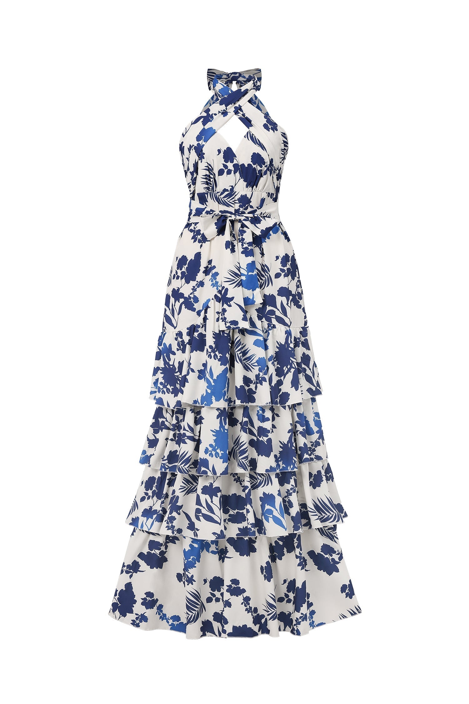 Helena White Halterneck Maxi Dress Floral Print Layered Silhouette Knot Detail