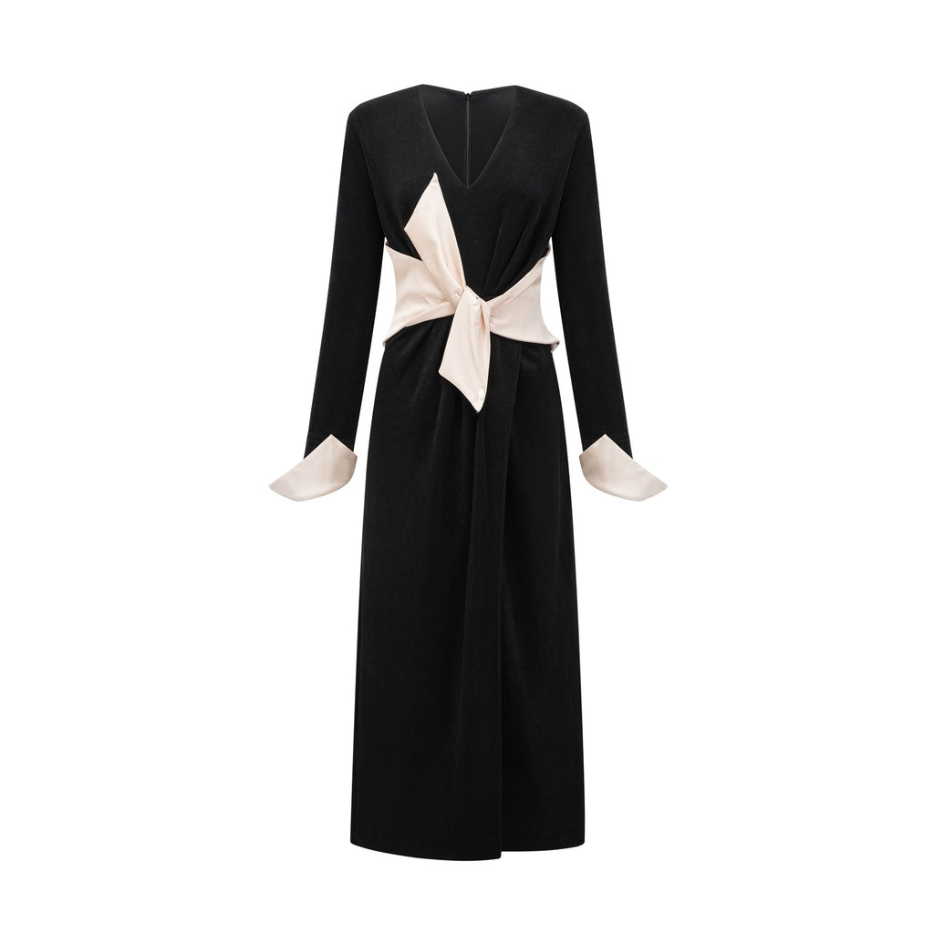 Holland Maxi Dress - Long Sleeve V - Neck Design - Bow Embellished Waist - Corset Style with High Slit