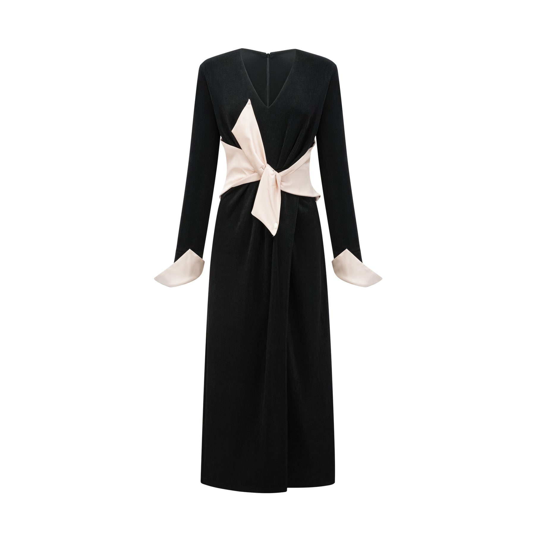 Holland Maxi Dress - Long Sleeve V - Neck Design - Bow Embellished Waist - Corset Style with High Slit