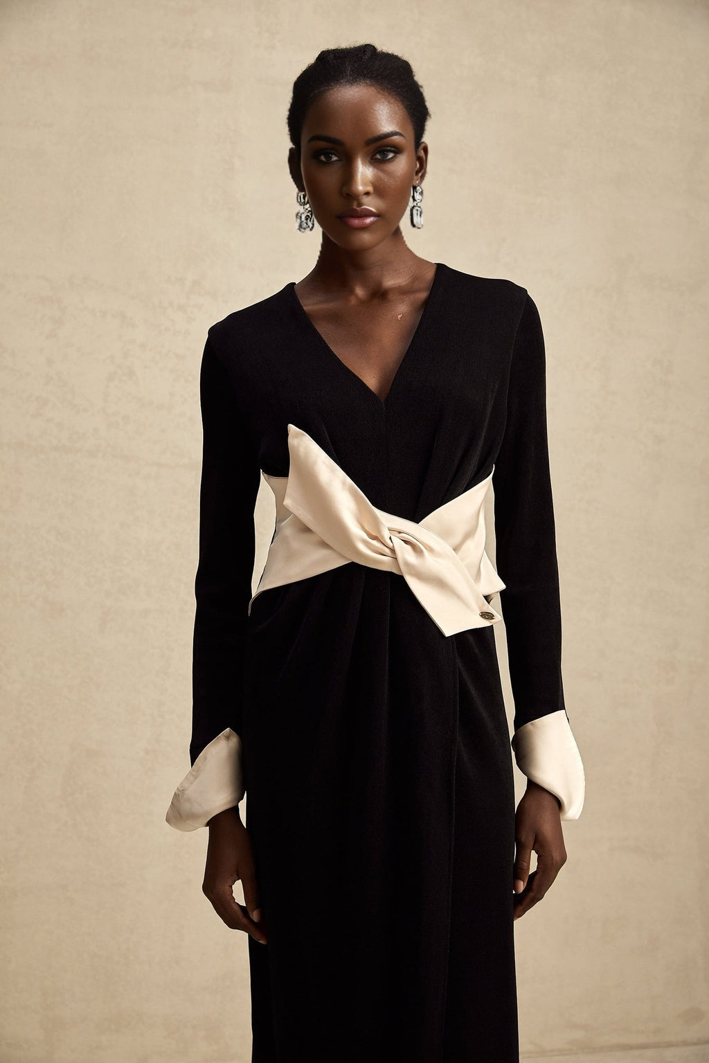 Holland Maxi Dress - Long Sleeve V - Neck Design - Bow Embellished Waist - Corset Style with High Slit