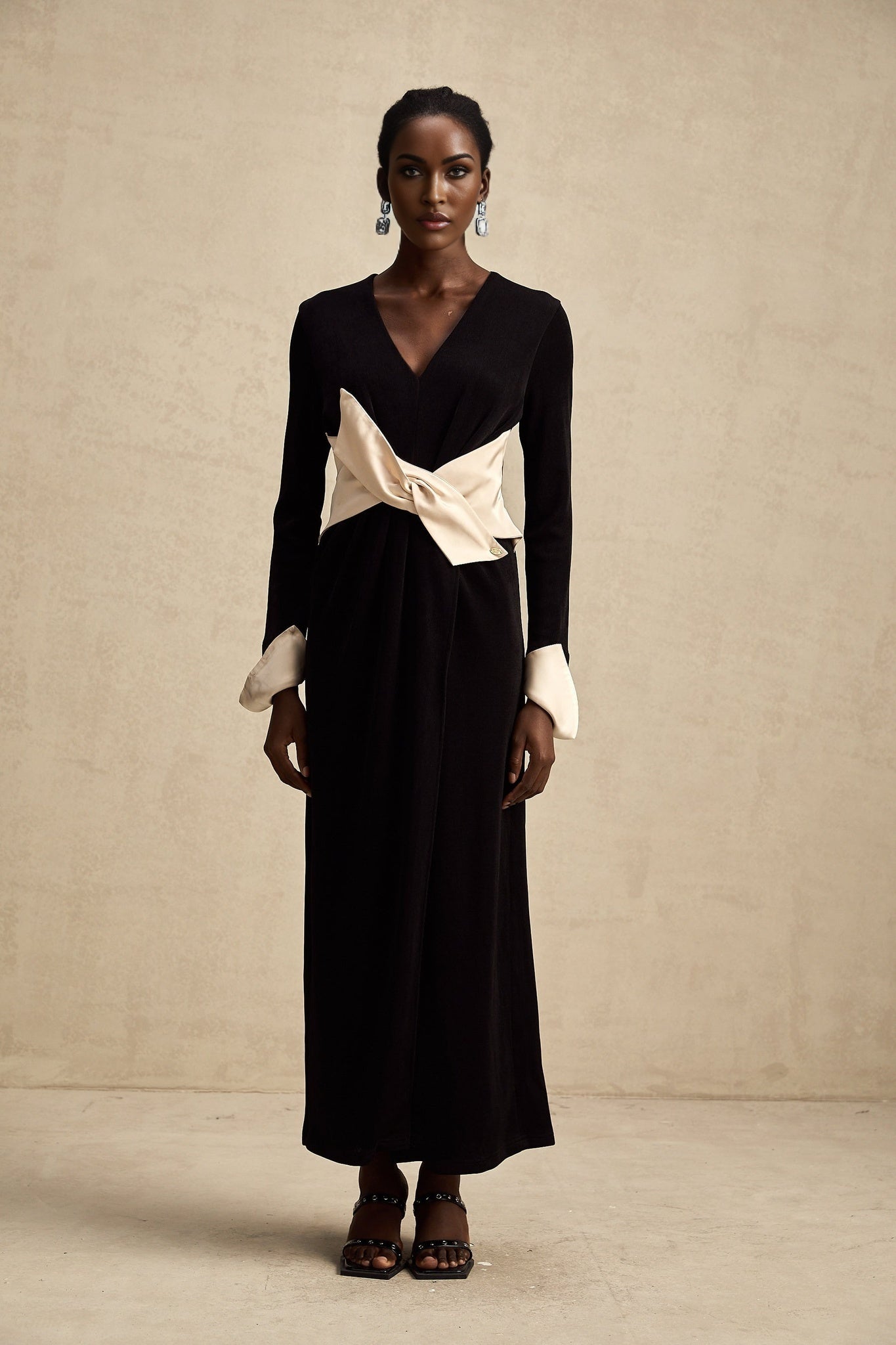 Holland Maxi Dress - Long Sleeve V - Neck Design - Bow Embellished Waist - Corset Style with High Slit