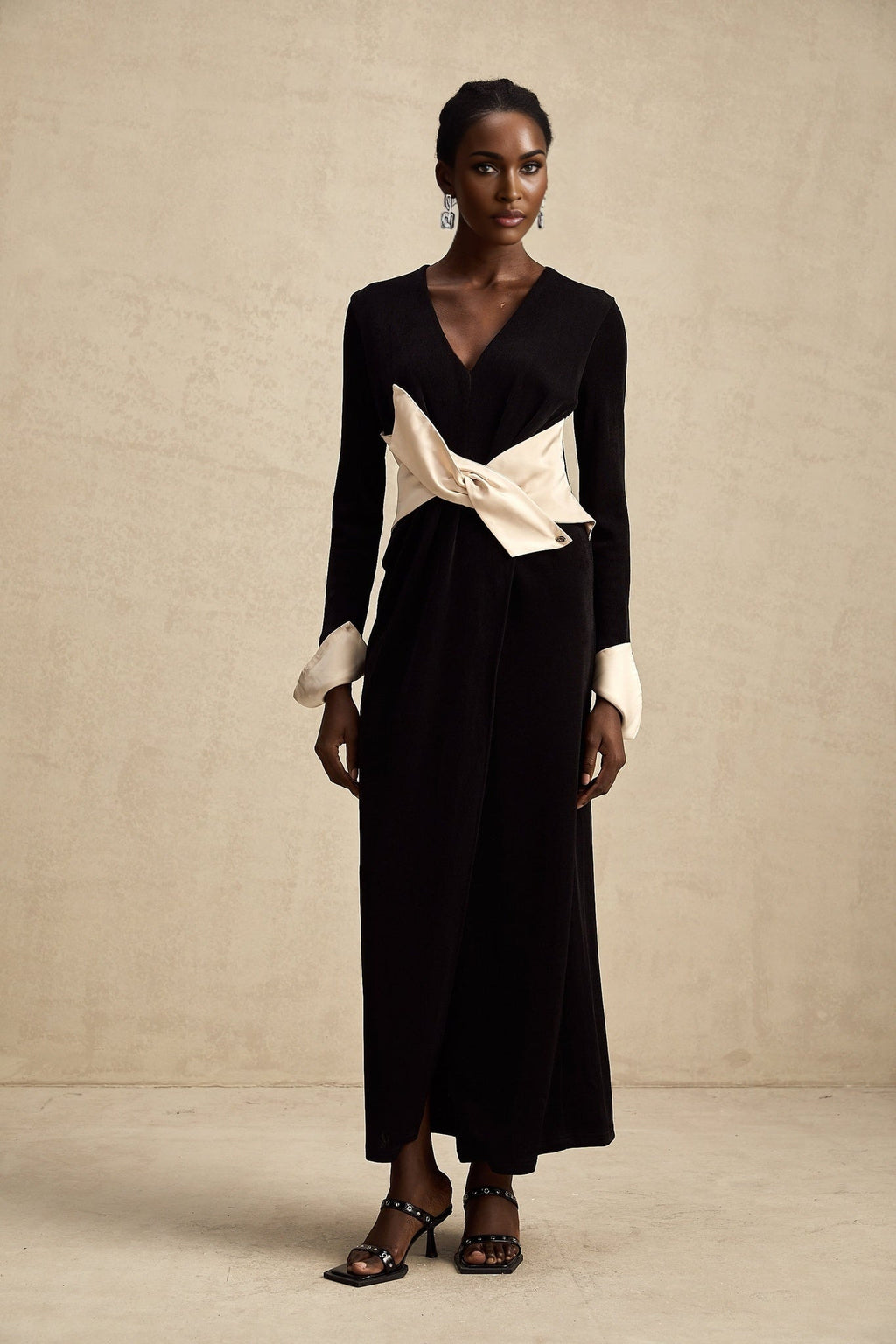 Holland Maxi Dress - Long Sleeve V - Neck Design - Bow Embellished Waist - Corset Style with High Slit