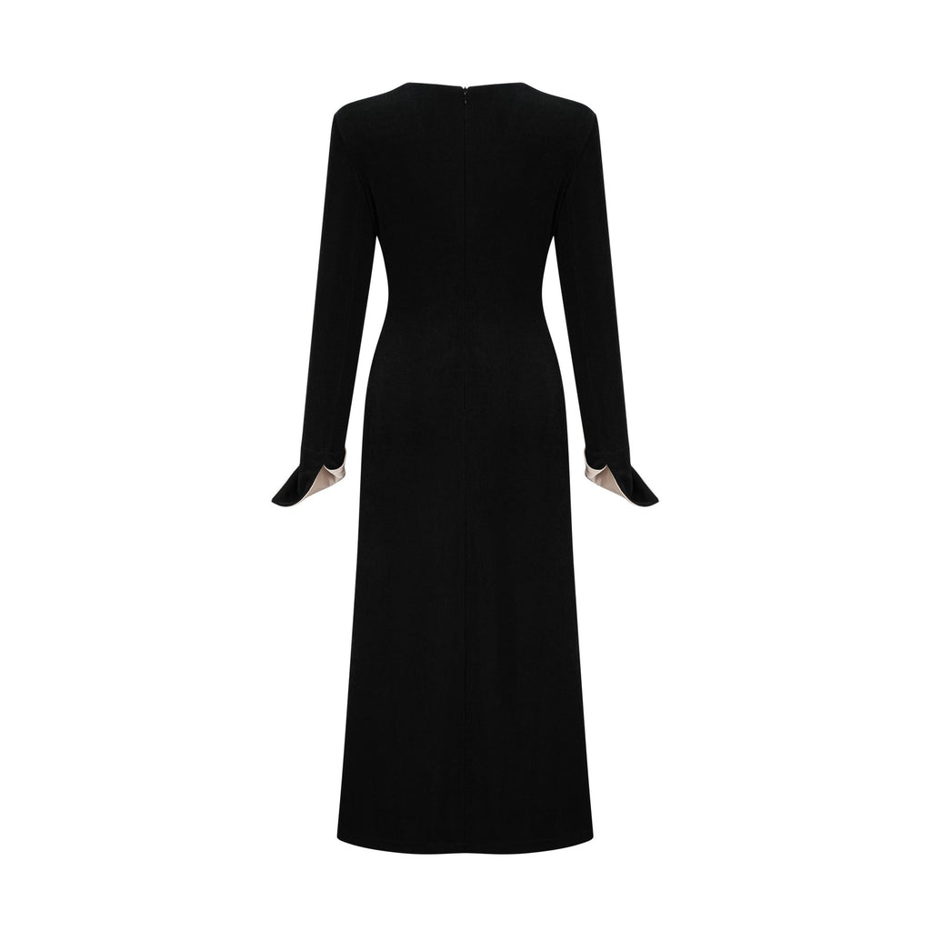 Holland Maxi Dress - Long Sleeve V - Neck Design - Bow Embellished Waist - Corset Style with High Slit