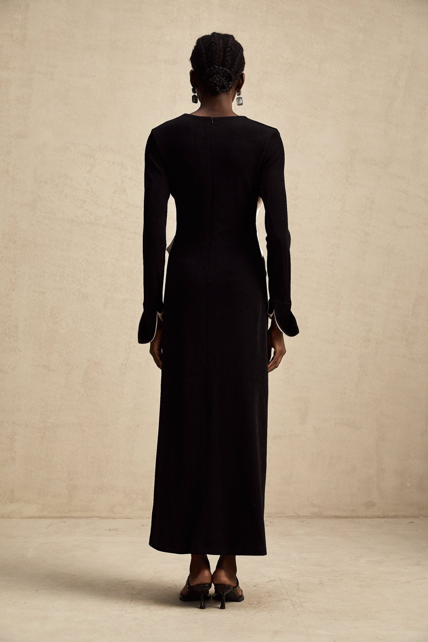 Holland Maxi Dress - Long Sleeve V - Neck Design - Bow Embellished Waist - Corset Style with High Slit