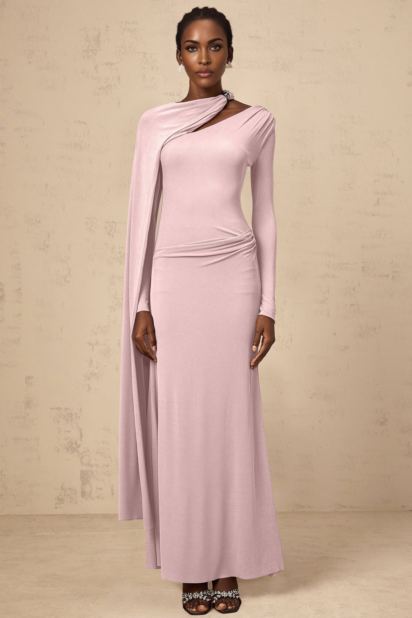 Holland Maxi Dress - Pink Diagonal Shawl Draped Ruched Silver - Tone